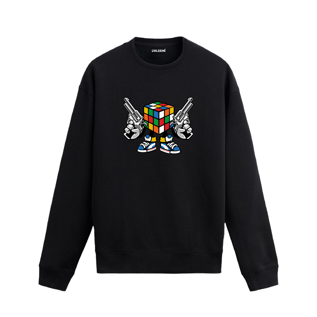Siyah sweatshirt üzerinde Rubik küp karakter tasarımı