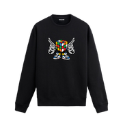 Siyah sweatshirt üzerinde Rubik küp karakter tasarımı