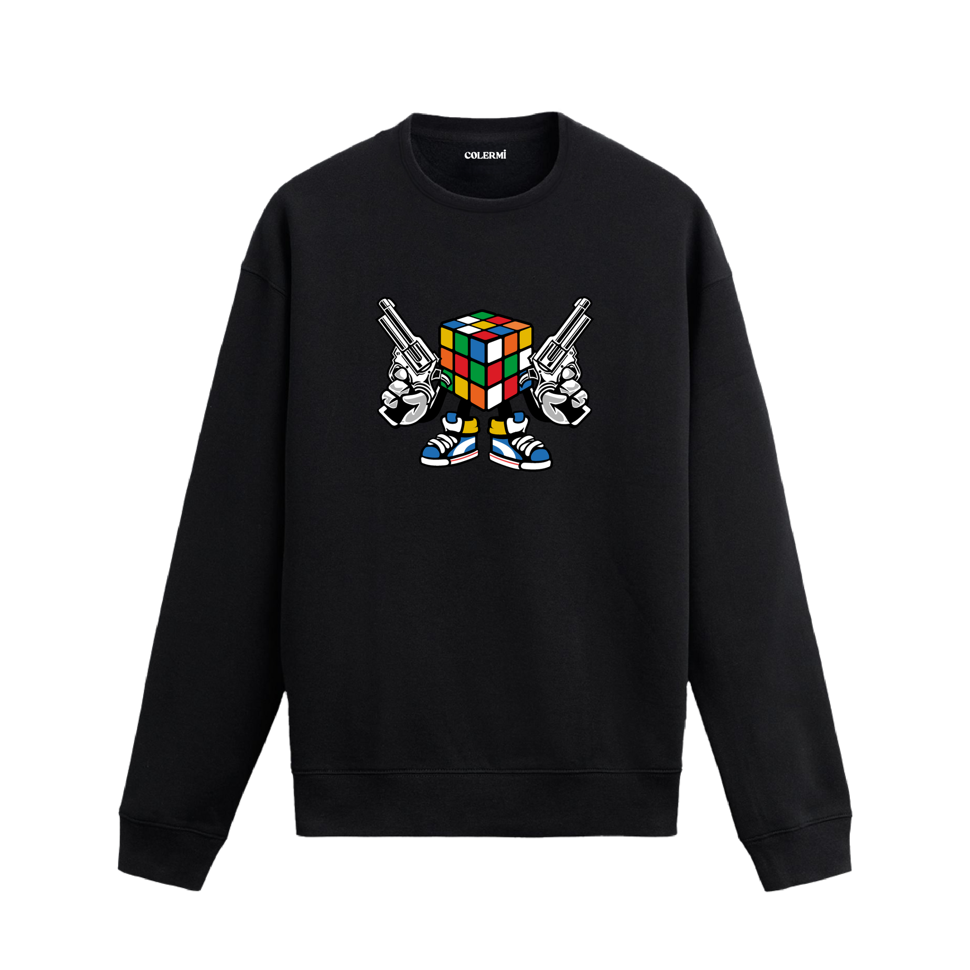 Siyah sweatshirt üzerinde Rubik küp karakter tasarımı