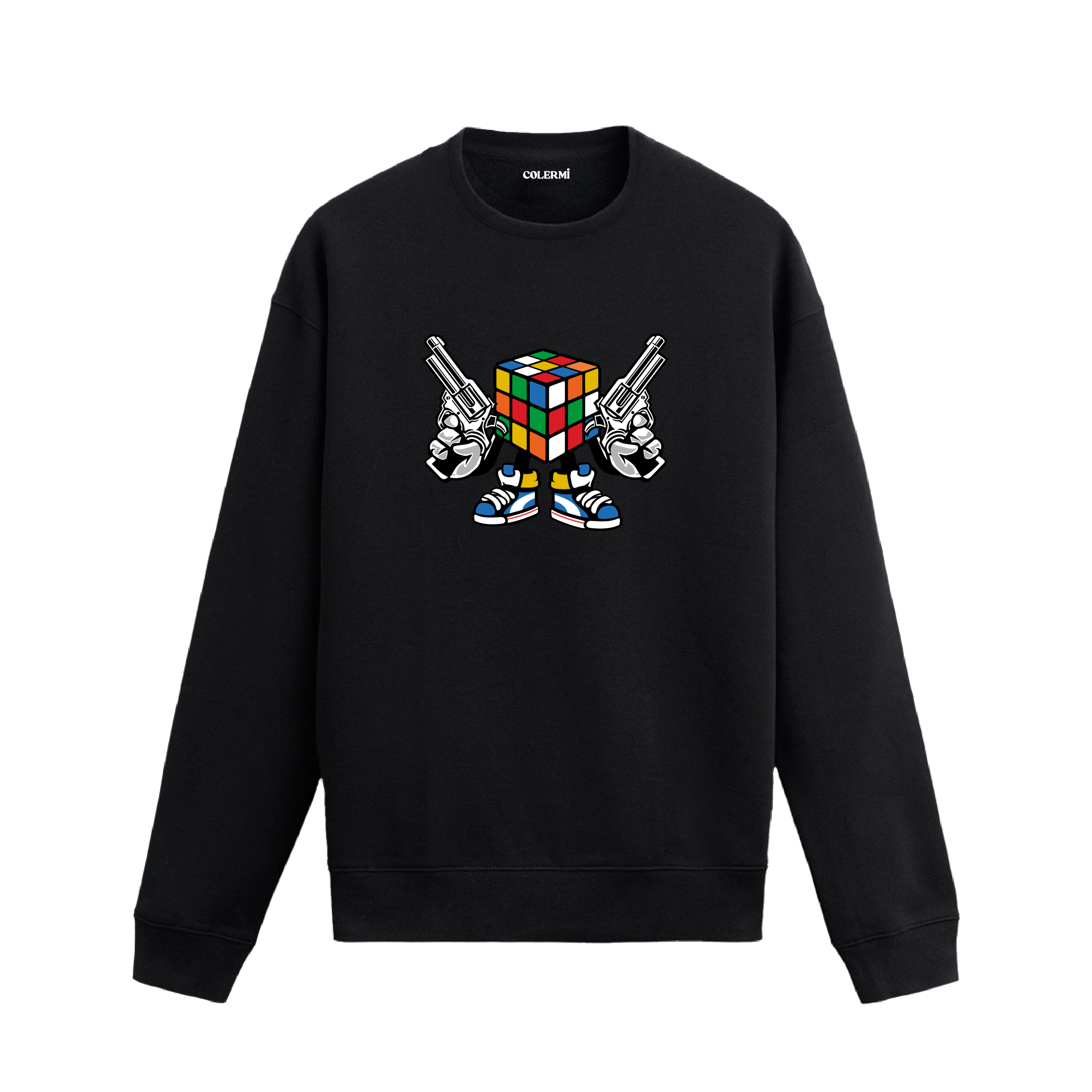 Siyah sweatshirt üzerinde Rubik küp karakter tasarımı
