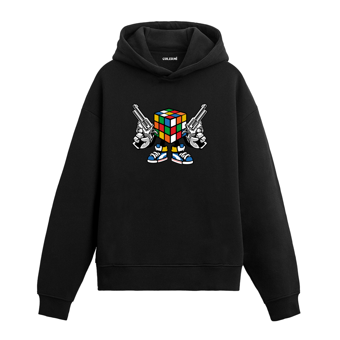 Tabanca tutan rubik küpü karakter tasarım baskılı hoodie – cesur ve renkli tarz