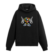 Tabanca tutan rubik küpü karakter tasarım baskılı hoodie – cesur ve renkli tarz