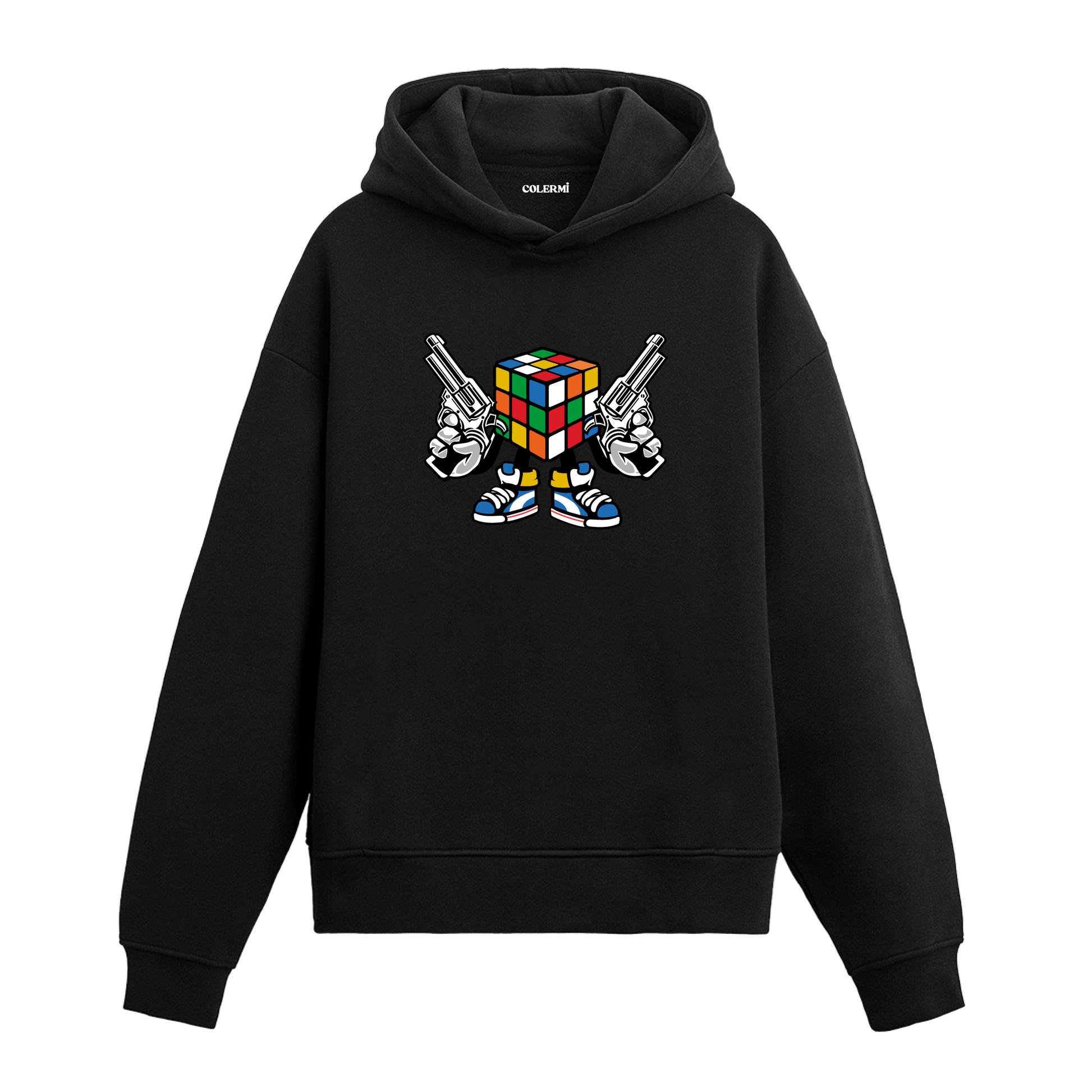 Tabanca tutan rubik küpü karakter tasarım baskılı hoodie – cesur ve renkli tarz