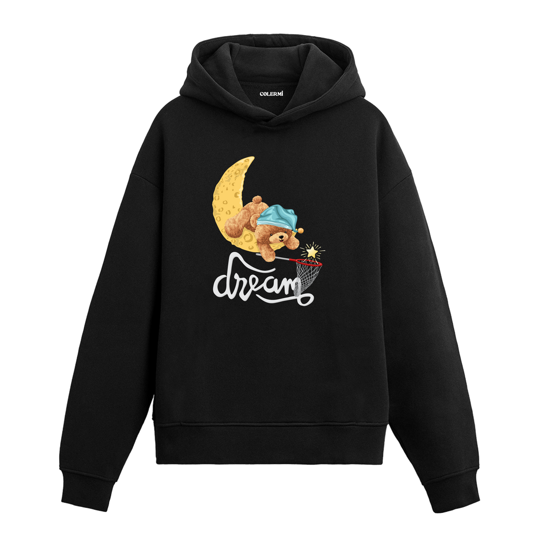 Ay üzerinde uyuyan ve yıldızlara uzanan sevimli ayıcık baskılı hoodie tasarımı.