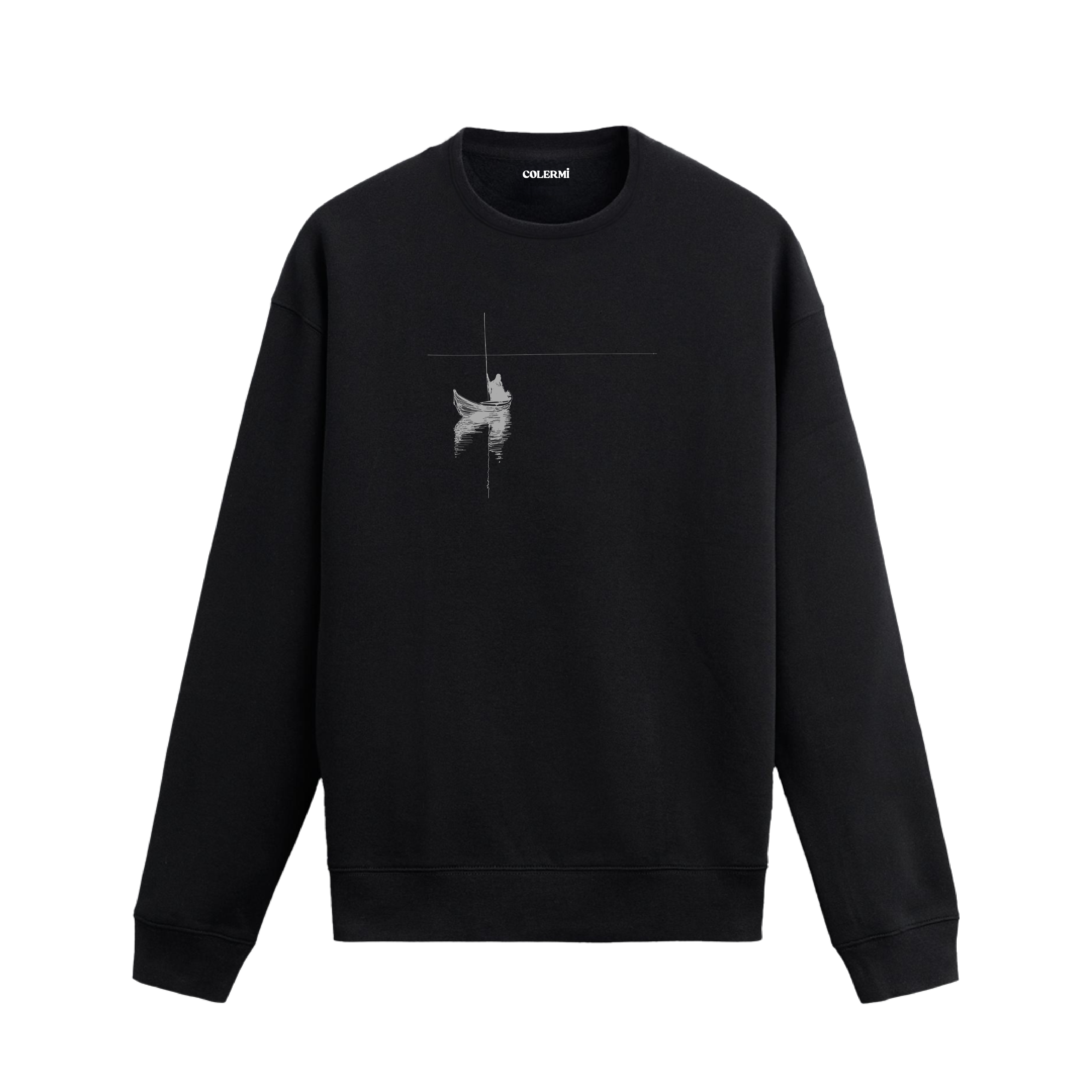Kayıkta oturan figür ve ufuk çizgisiyle sessizliği simgeleyen minimalist Colermi sweatshirt.