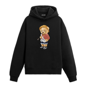 Saksafon çalan, şapka ve gömlek giymiş ayıcık baskılı hoodie tasarımı.