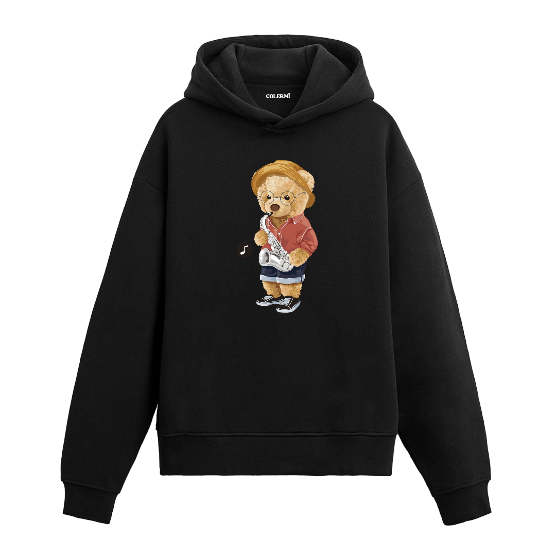 Saksafon çalan, şapka ve gömlek giymiş ayıcık baskılı hoodie tasarımı.