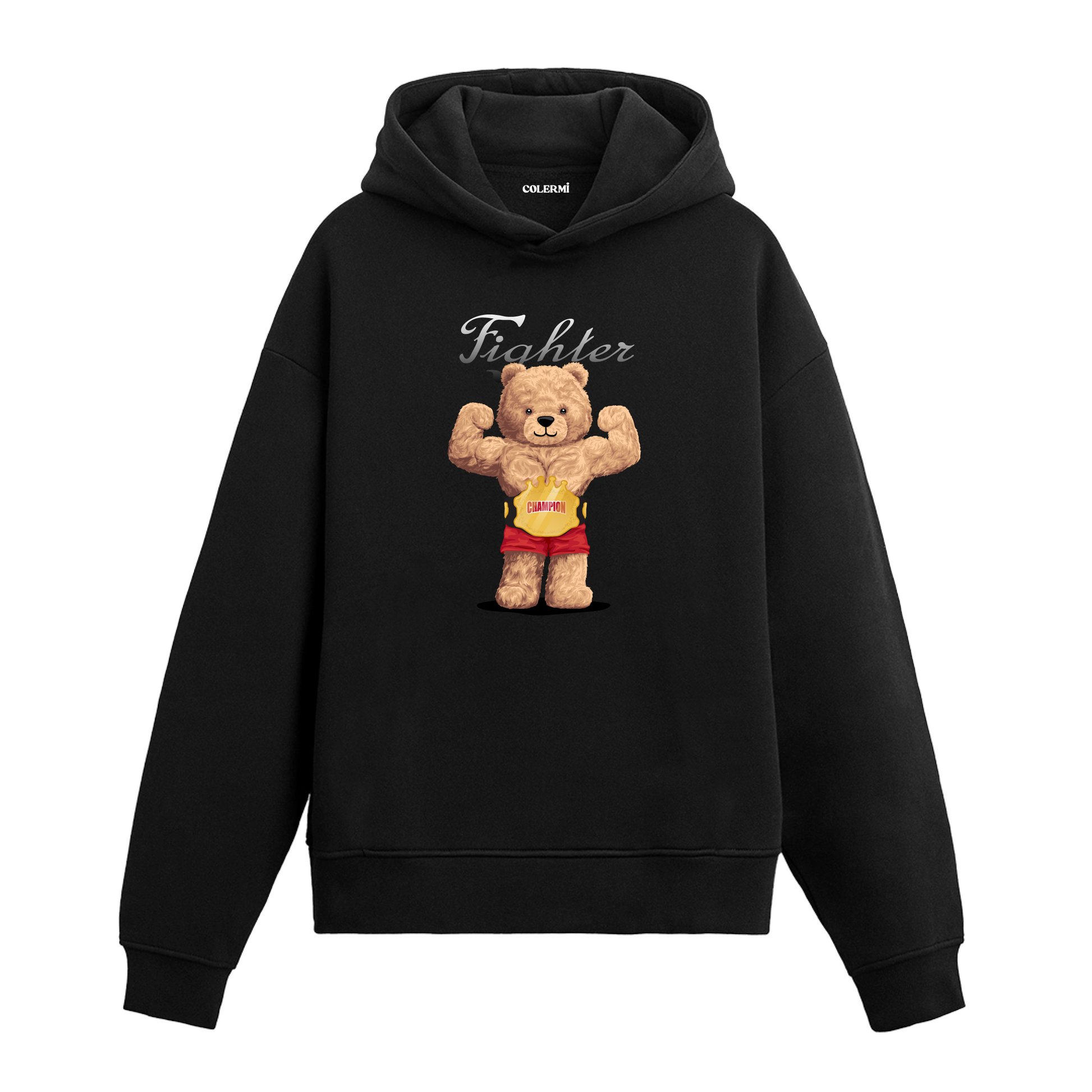 Kaslı vücudunu gösteren ve “Champion” kemeri takan ayıcık figürlü hoodie tasarımı.