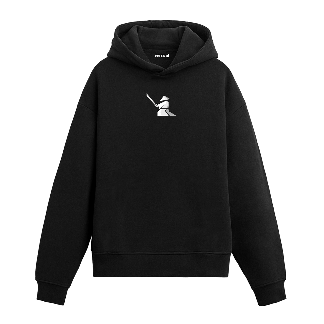 Siyah hoodie, samuray minimal baskılı, pamuklu unisex hoodie