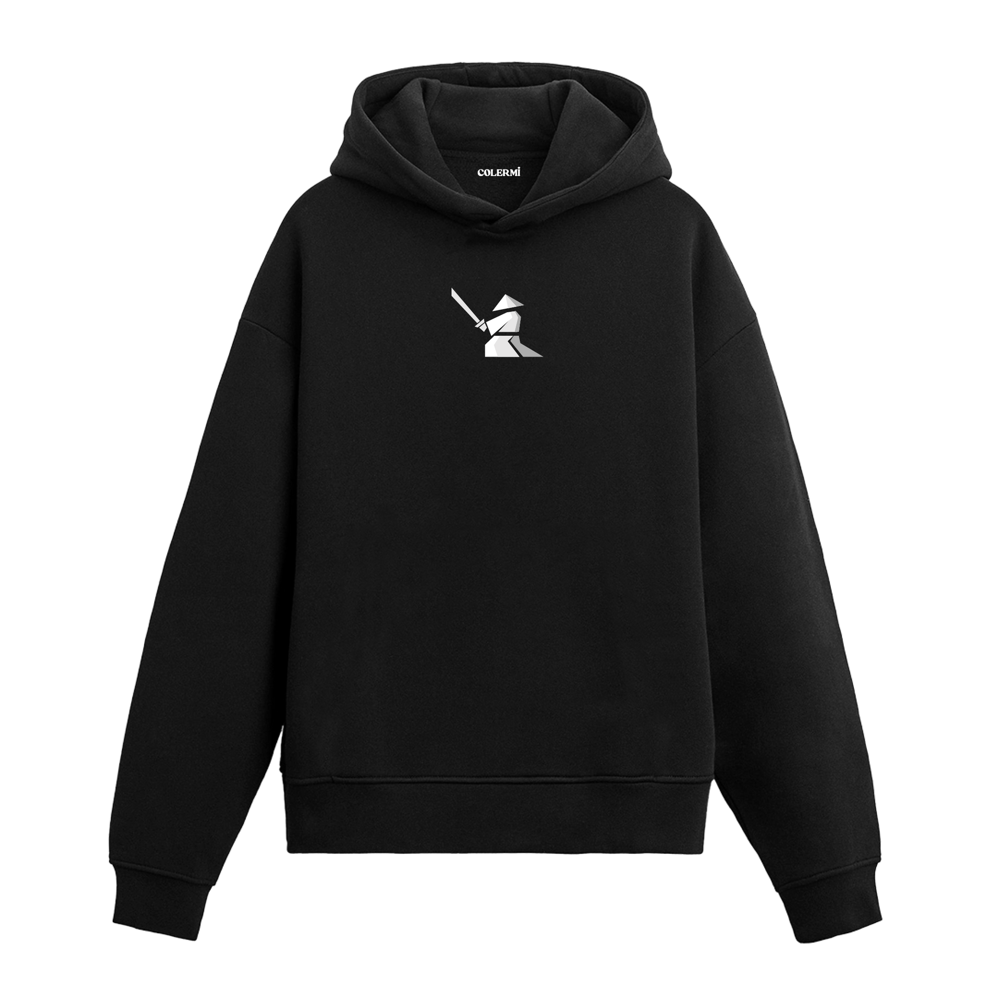 Siyah hoodie, samuray minimal baskılı, pamuklu unisex hoodie