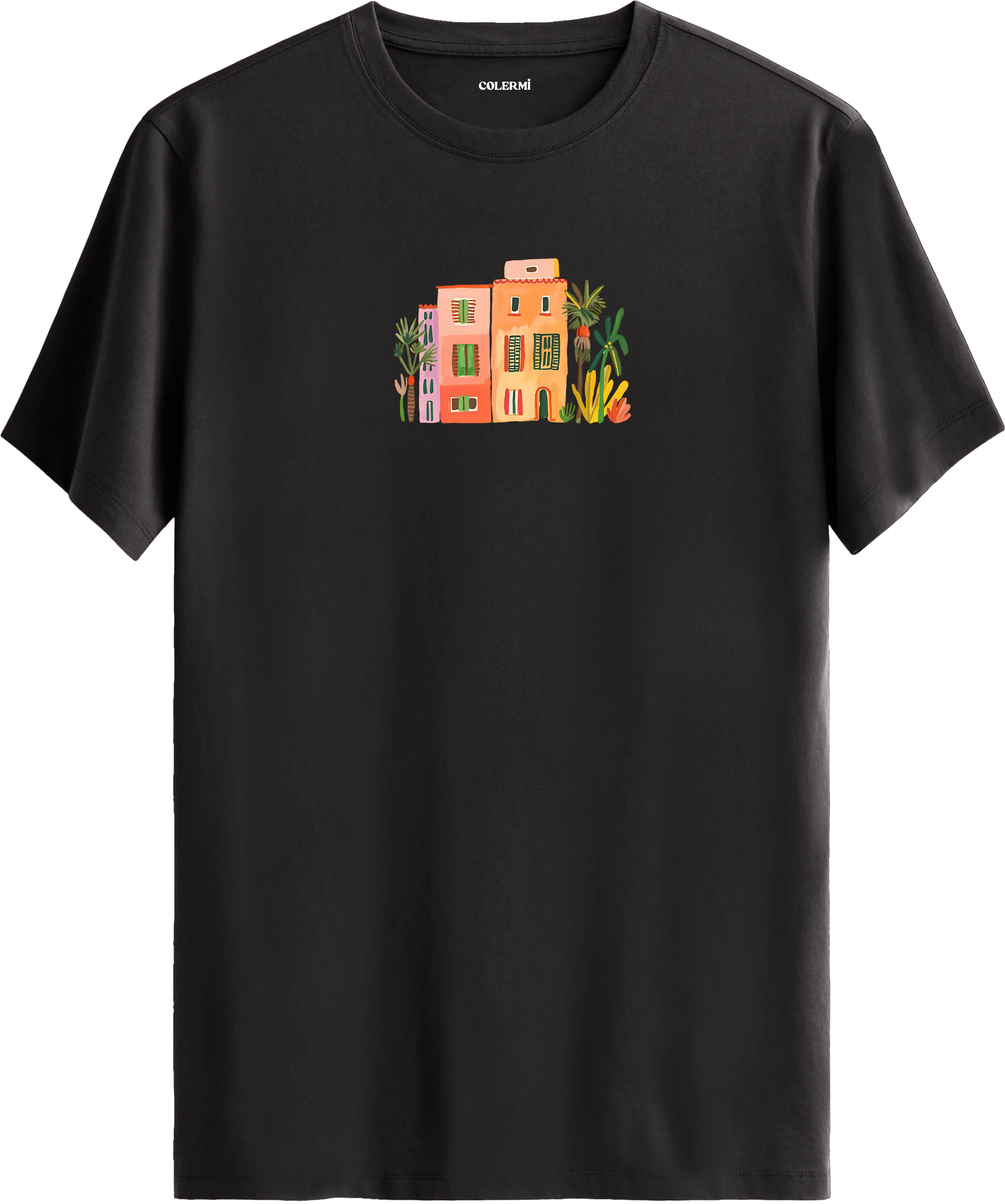 Sanatsal şehir illüstrasyonlu tişört estetik tasarım günlük kullanım