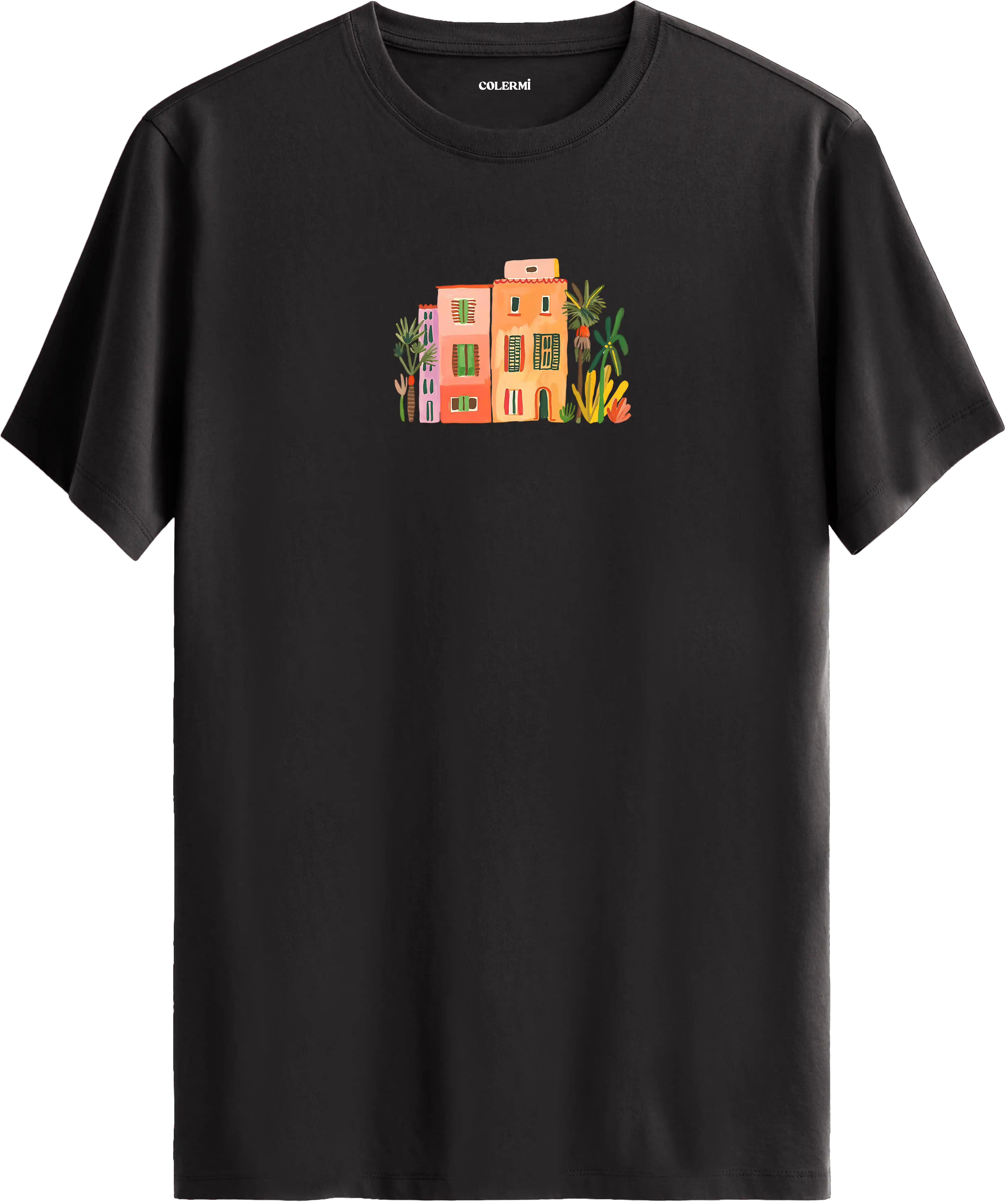 Sanatsal şehir illüstrasyonlu tişört estetik tasarım günlük kullanım