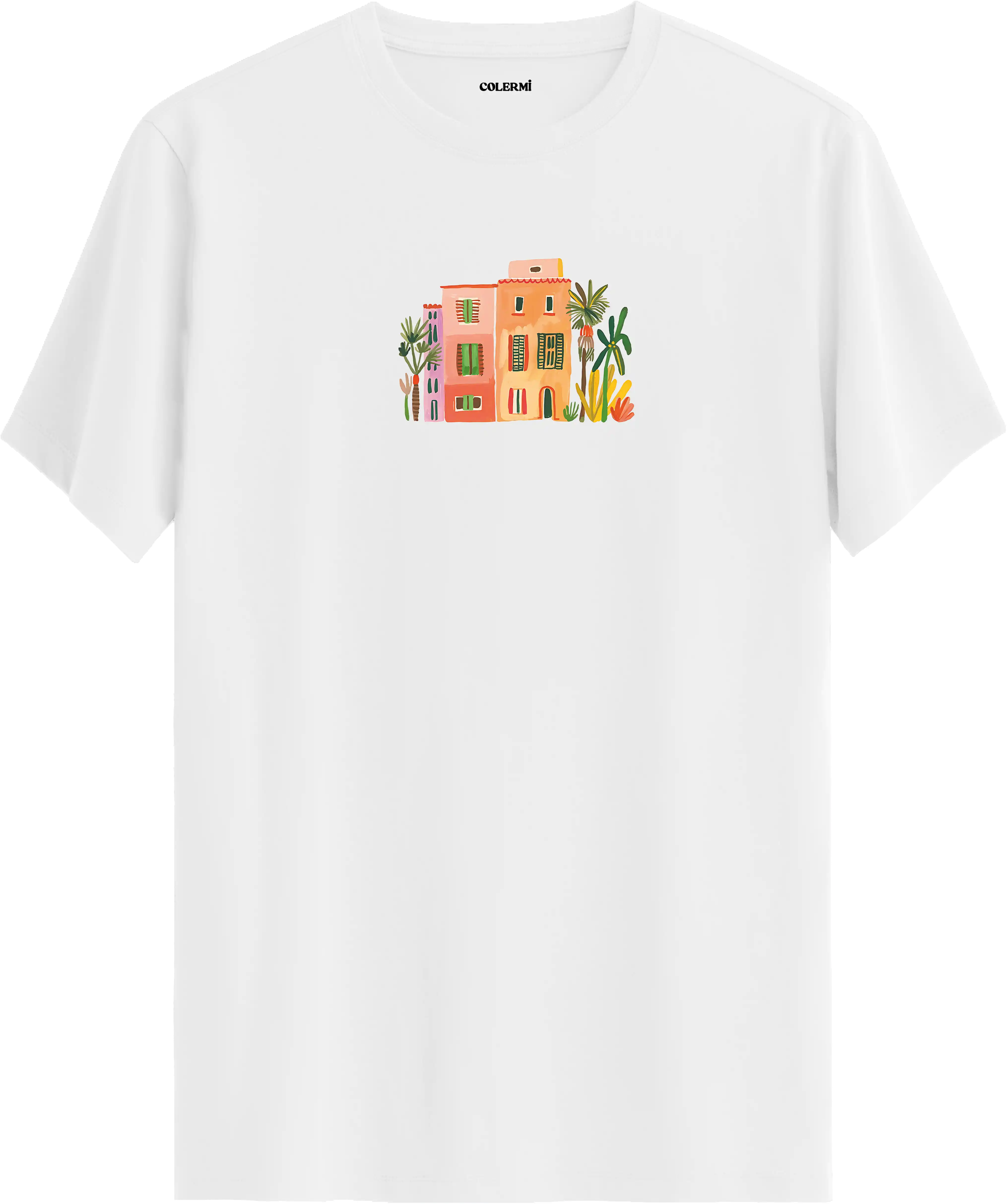 Sanatsal şehir illüstrasyonlu tişört estetik tasarım günlük kullanım