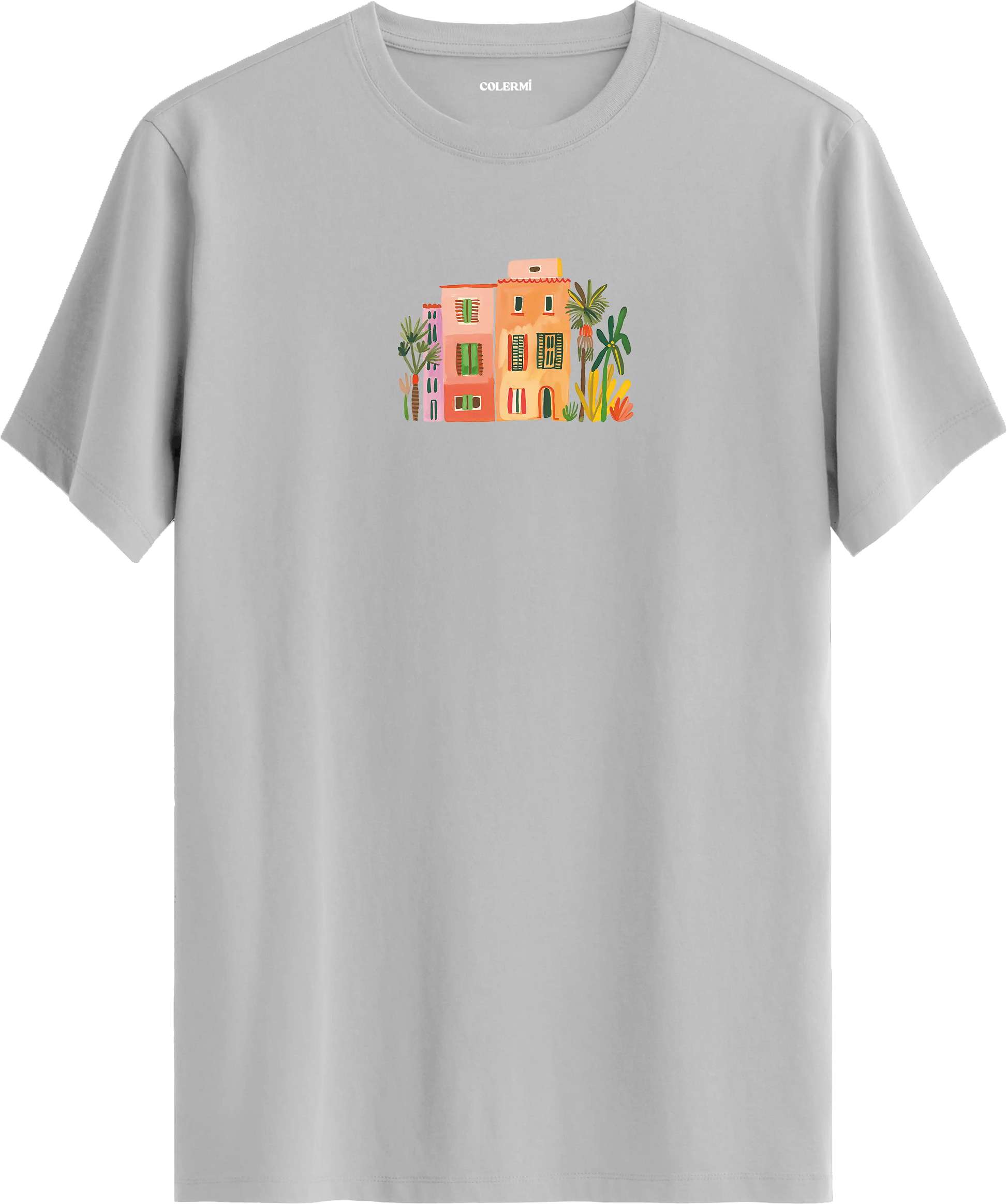 Sanatsal şehir illüstrasyonlu tişört estetik tasarım günlük kullanım