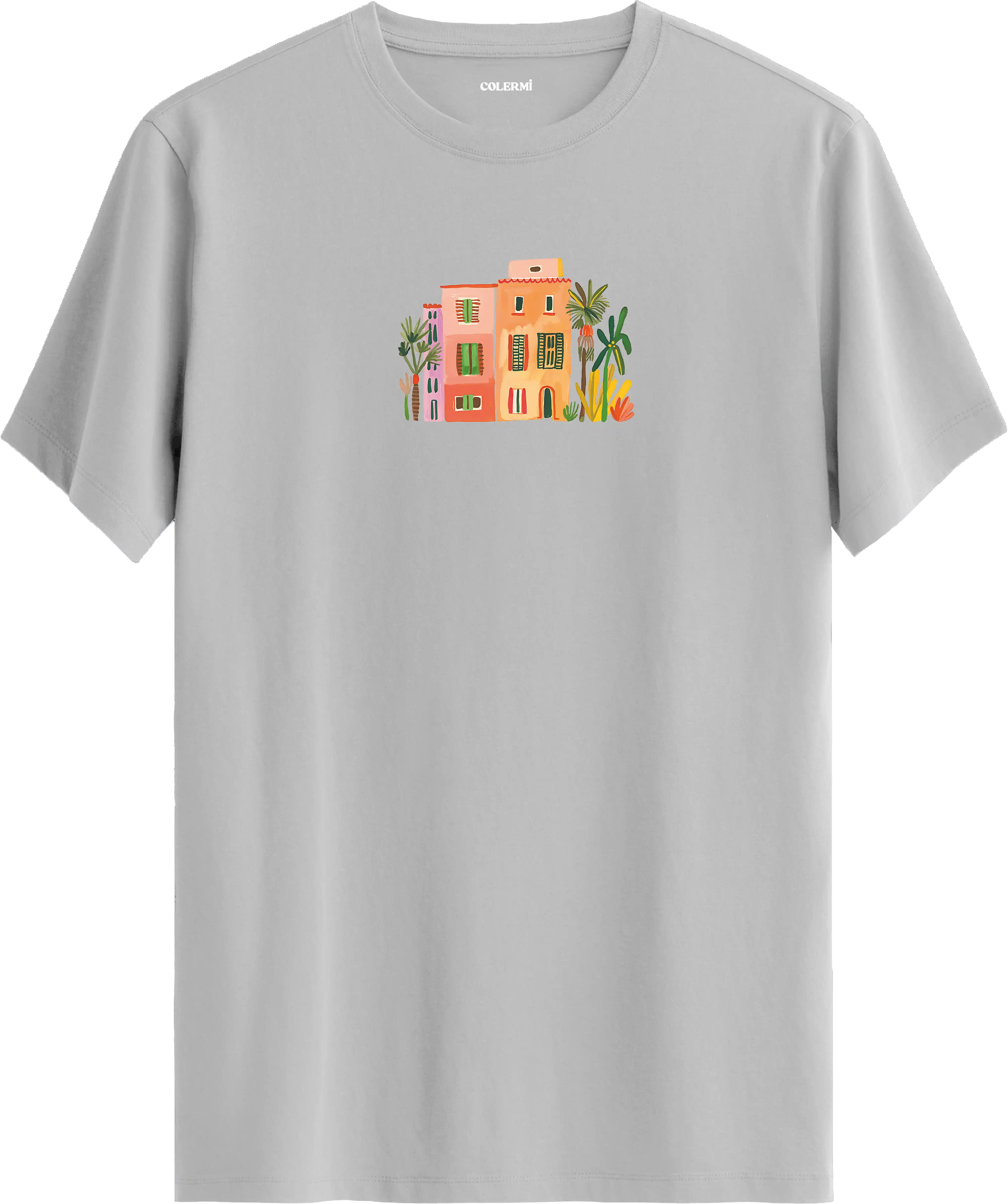 Sanatsal şehir illüstrasyonlu tişört estetik tasarım günlük kullanım