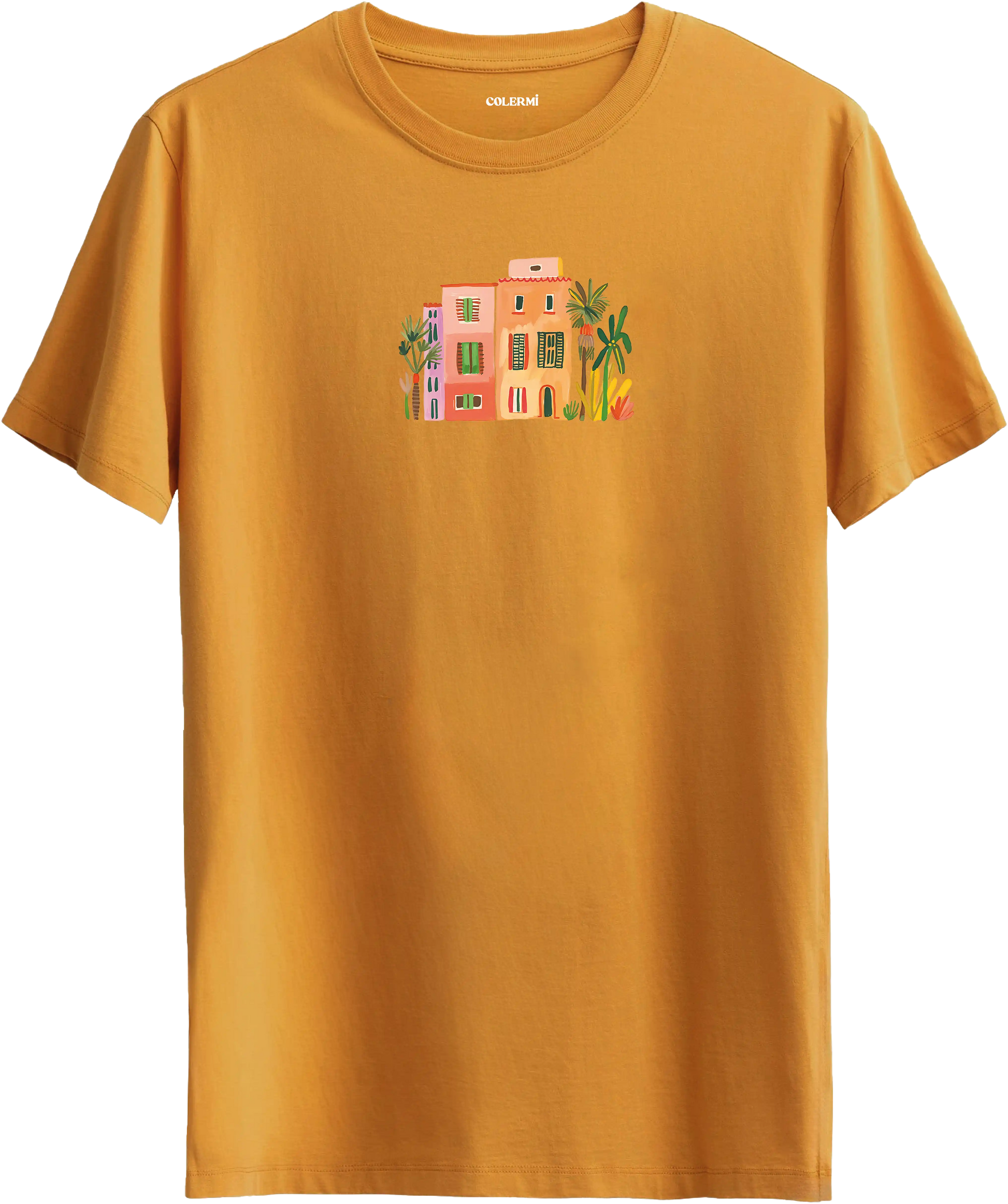 Sanatsal şehir illüstrasyonlu tişört estetik tasarım günlük kullanım