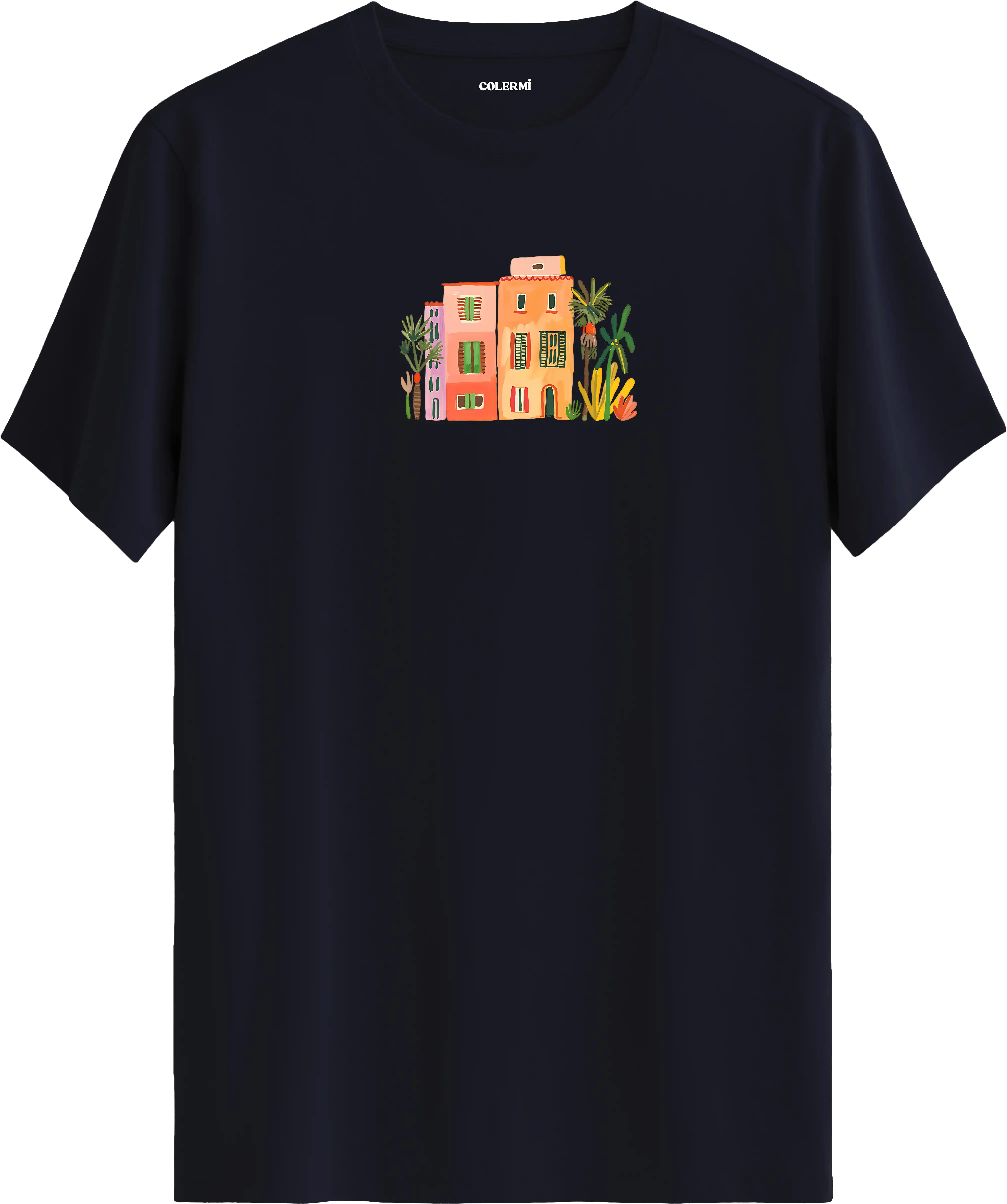 Sanatsal şehir illüstrasyonlu tişört estetik tasarım günlük kullanım