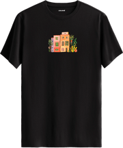 Sanatsal şehir illüstrasyonlu tişört estetik tasarım günlük kullanım