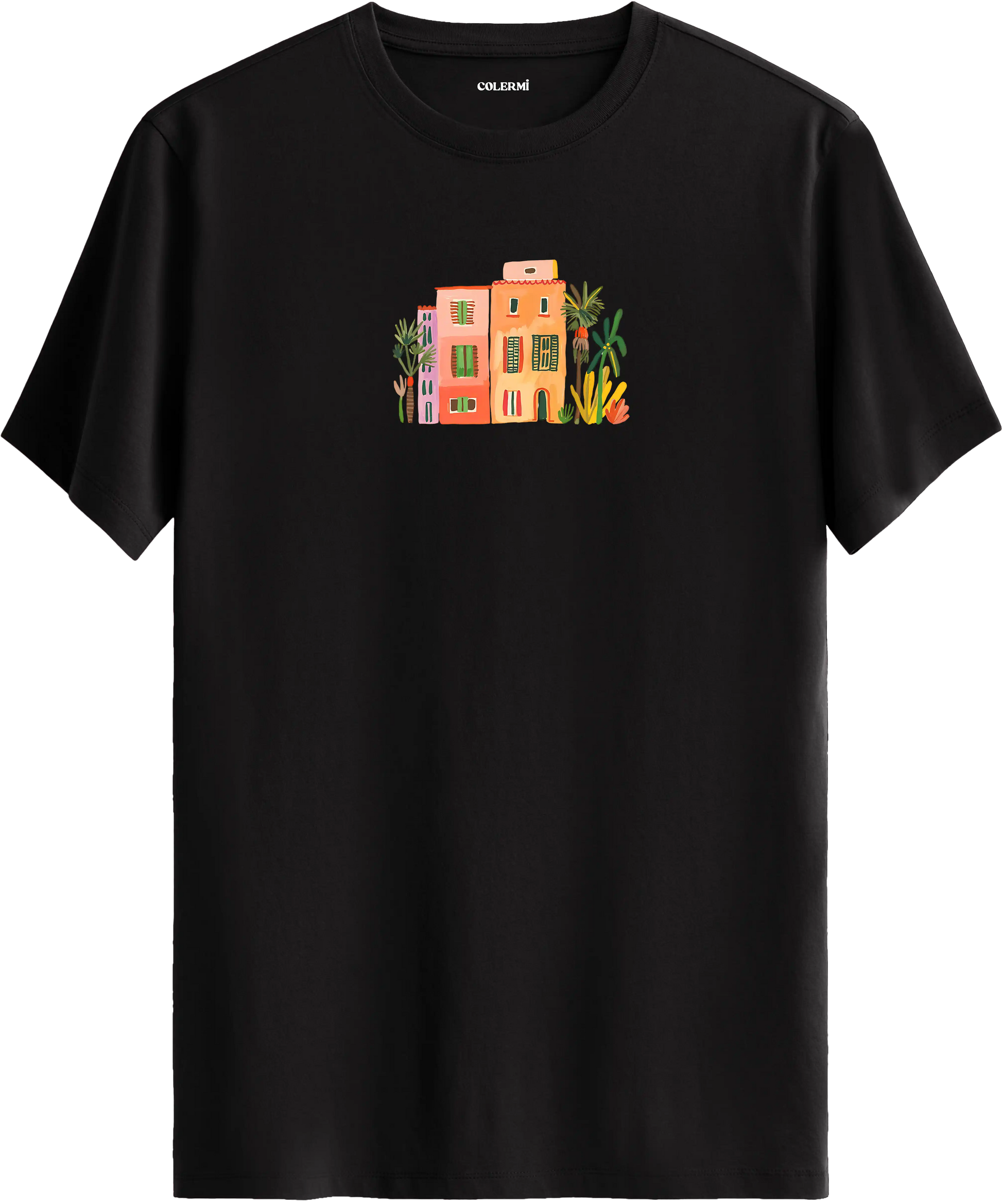 Sanatsal şehir illüstrasyonlu tişört estetik tasarım günlük kullanım