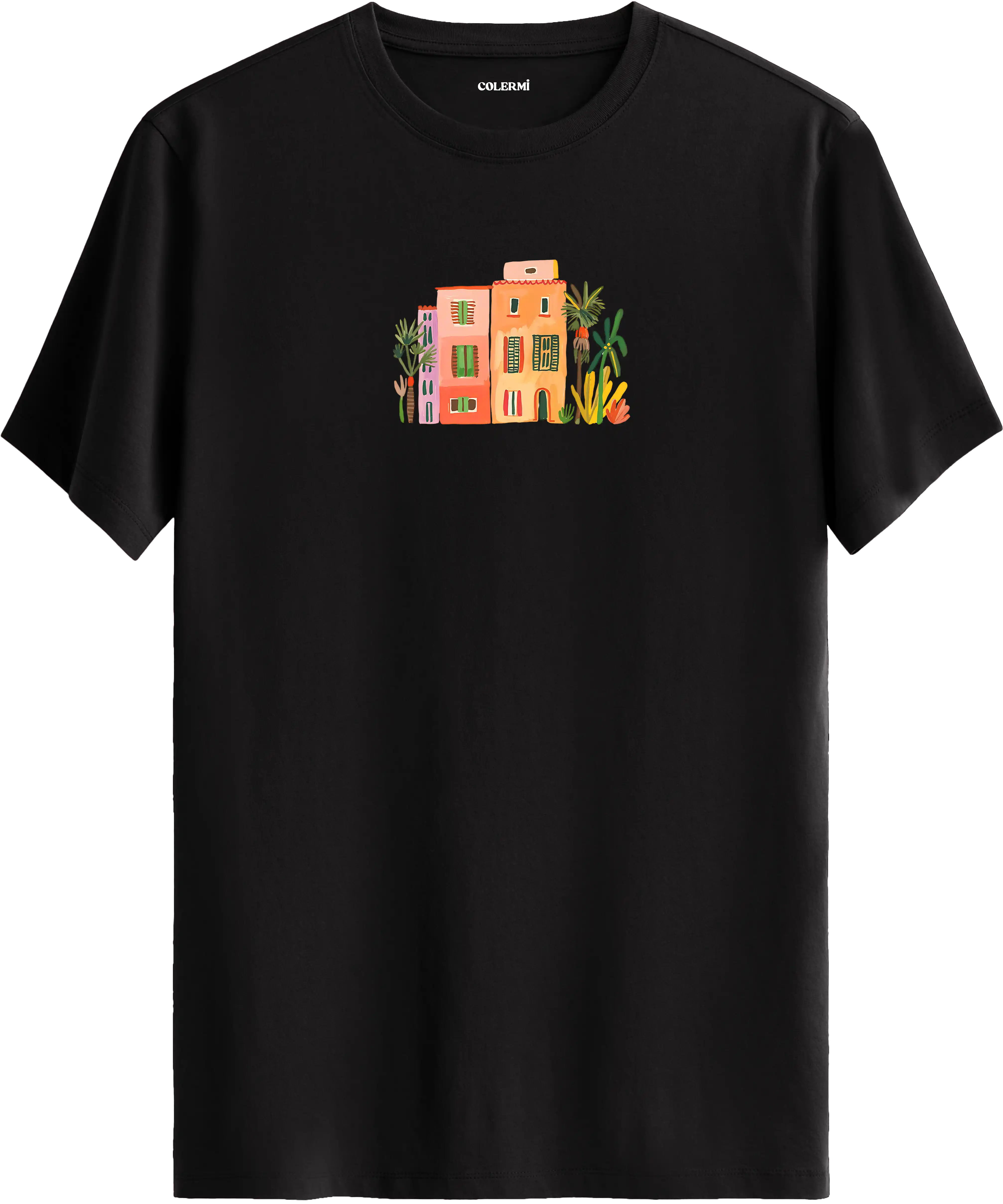 Sanatsal şehir illüstrasyonlu tişört estetik tasarım günlük kullanım