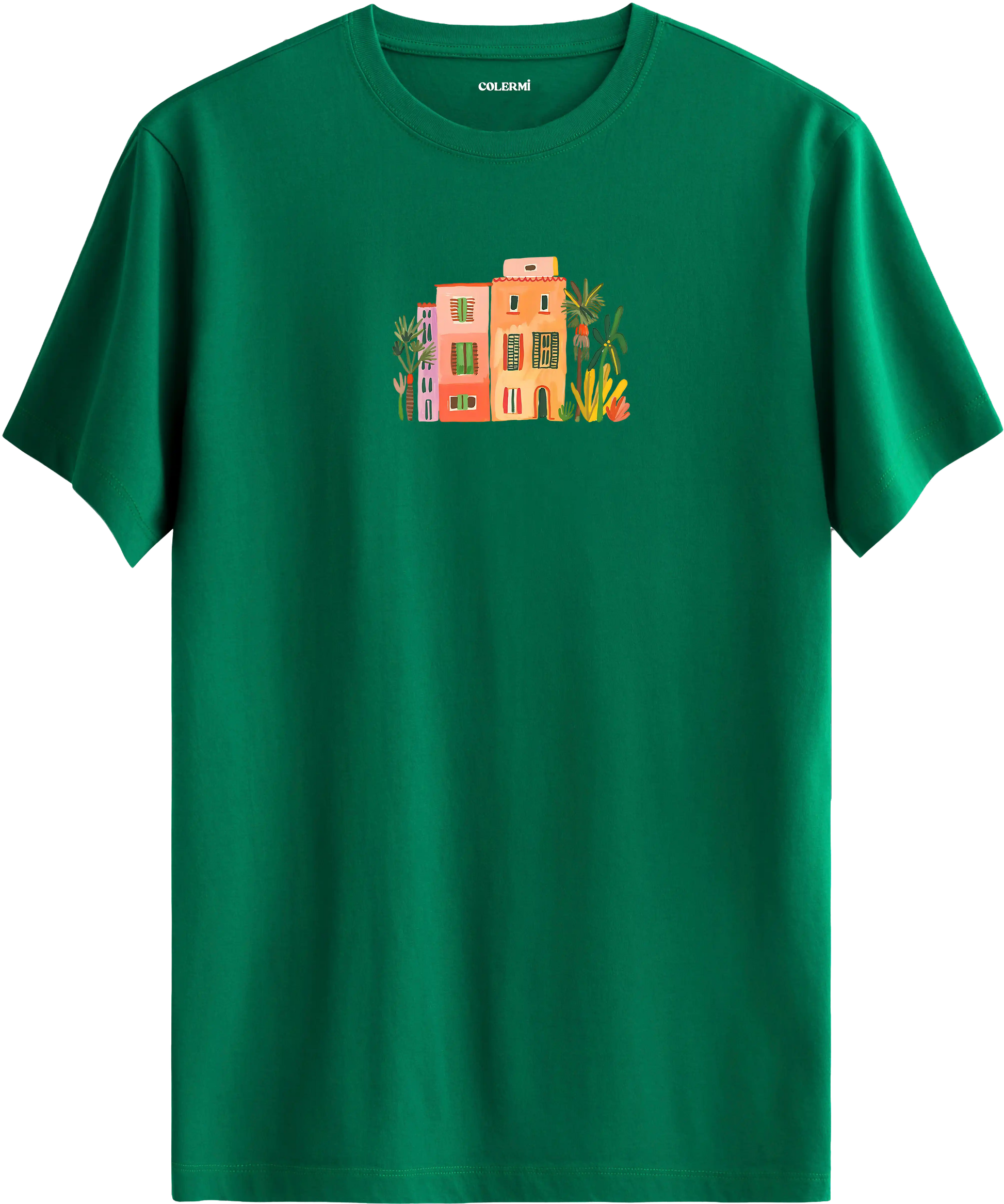 Sanatsal şehir illüstrasyonlu yeşil tişört estetik tasarım günlük kullanım