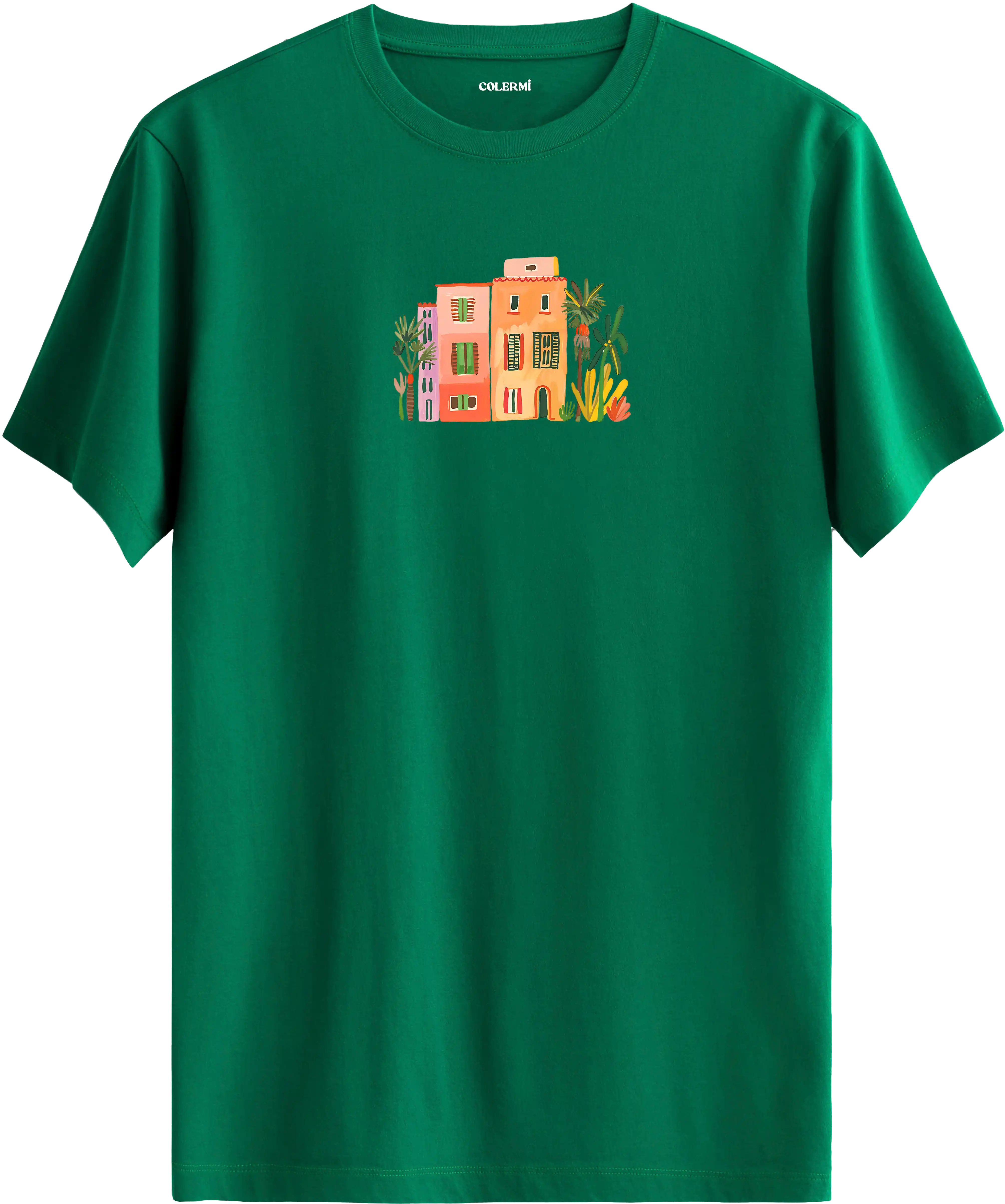 Sanatsal şehir illüstrasyonlu yeşil tişört estetik tasarım günlük kullanım