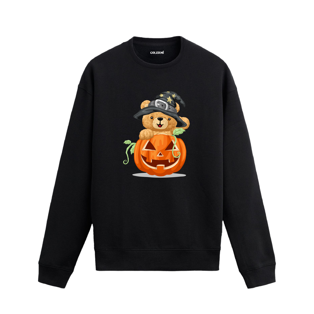 Cadı Şapkalı Ayıcık ve Balkabağı Baskılı Sweatshirt