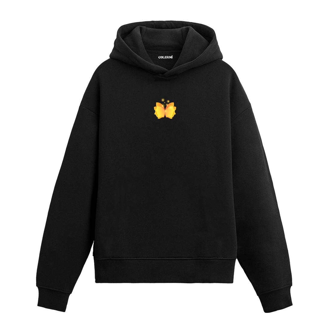 Siyah hoodie, sarı kelebek minimal baskı, pamuklu hoodie
