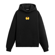 Siyah hoodie, sarı kelebek minimal baskı, pamuklu hoodie