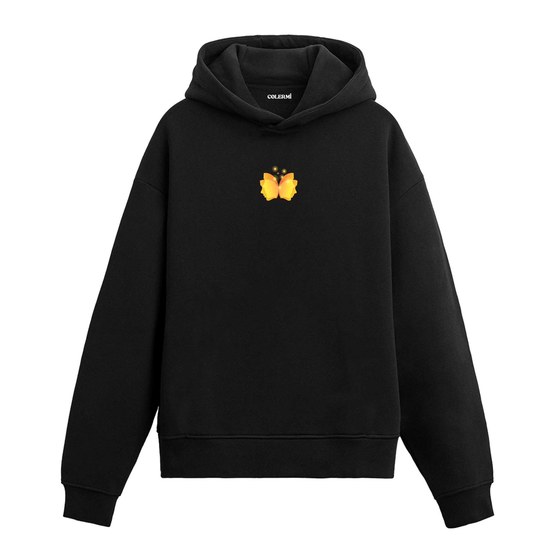 Siyah hoodie, sarı kelebek minimal baskı, pamuklu hoodie