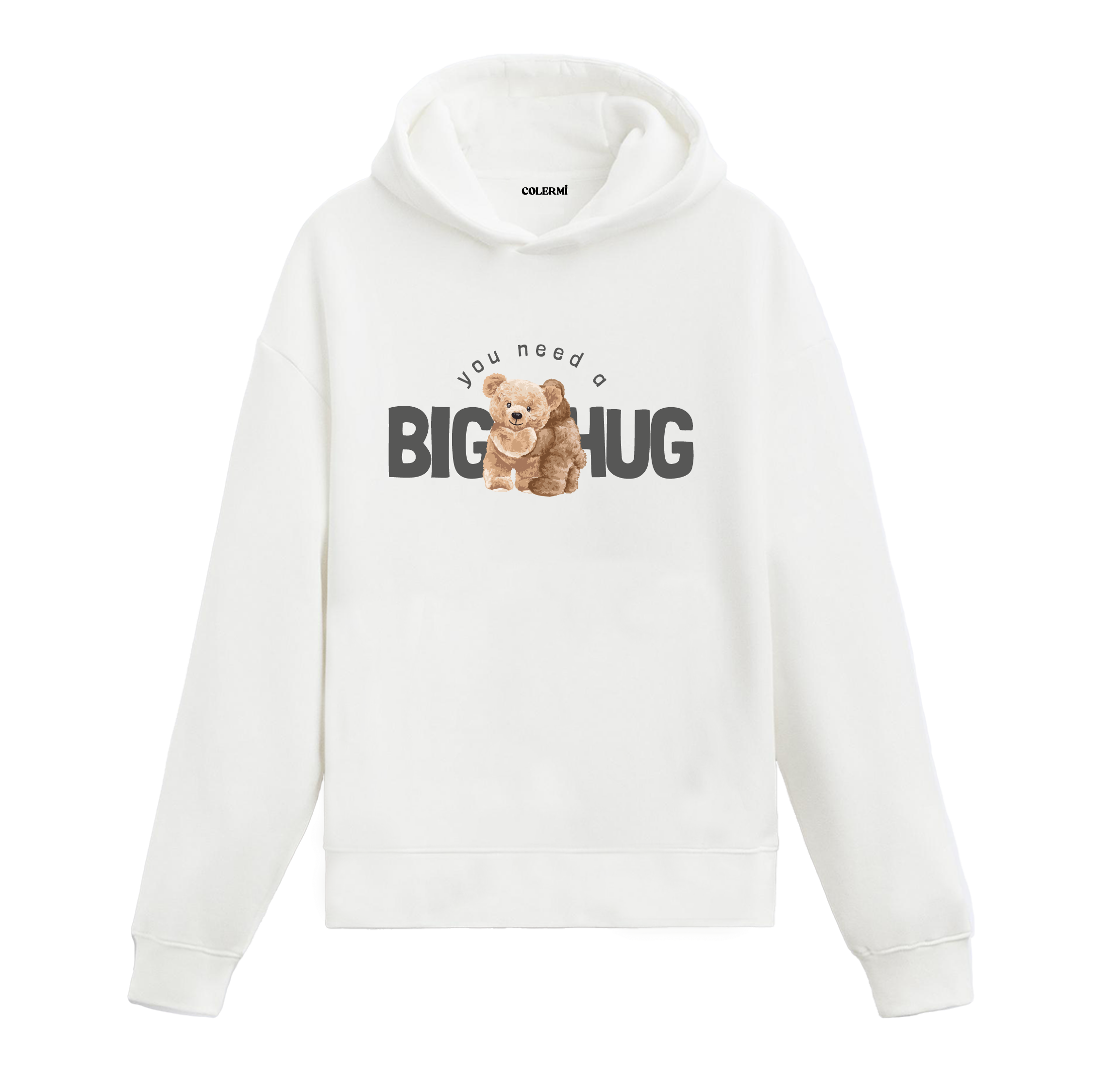 Üzerinde “you need a big hug” yazılı, ayıcık baskılı hoodie tasarımı.