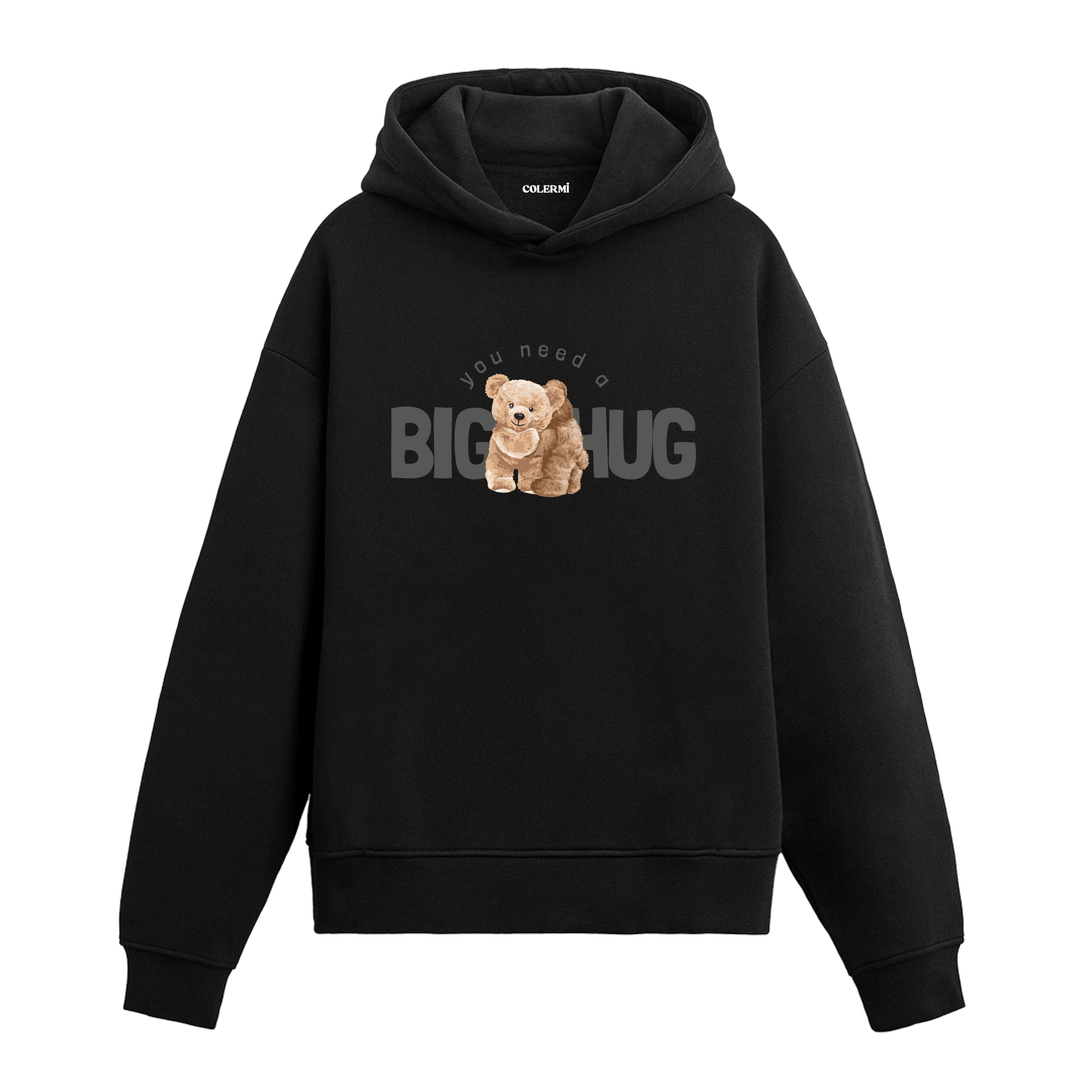 Üzerinde “you need a big hug” yazılı, ayıcık baskılı hoodie tasarımı.
