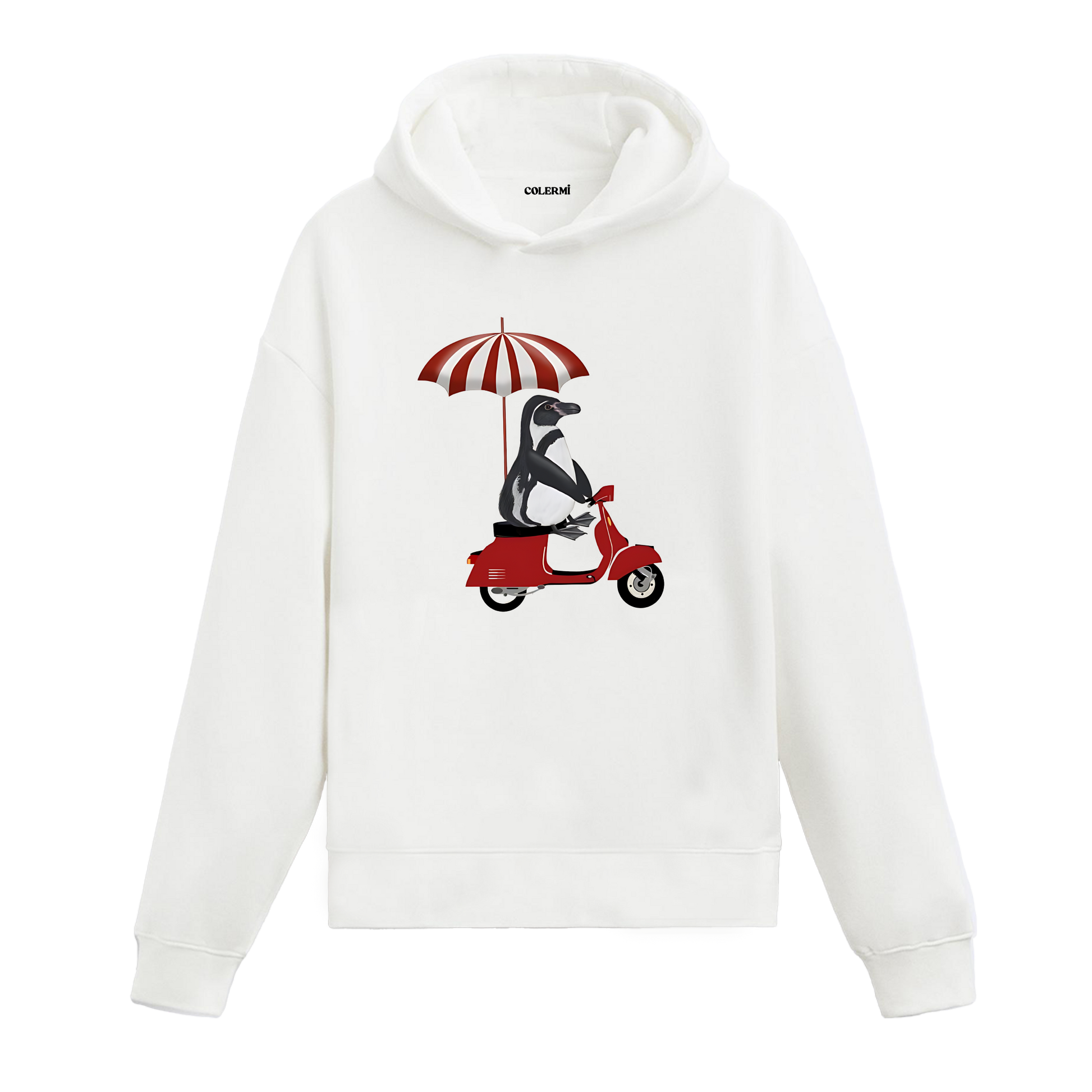 Scooter üzerinde oturan penguen tasarımlı beyaz hoodie, ön yüz baskı detayı