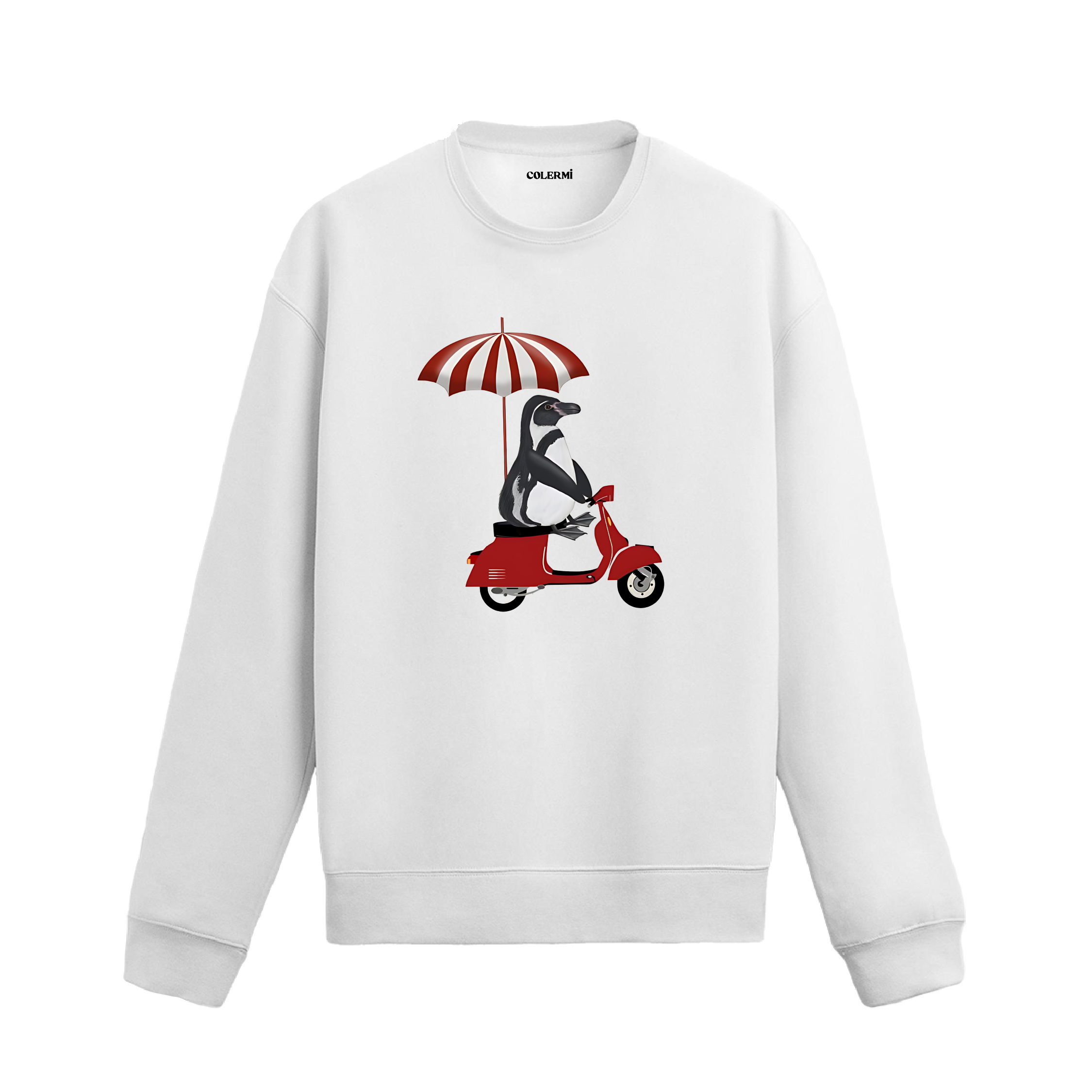 Scooter üzerinde oturan penguen tasarımlı beyaz sweatshirt, ön yüz baskı detayı