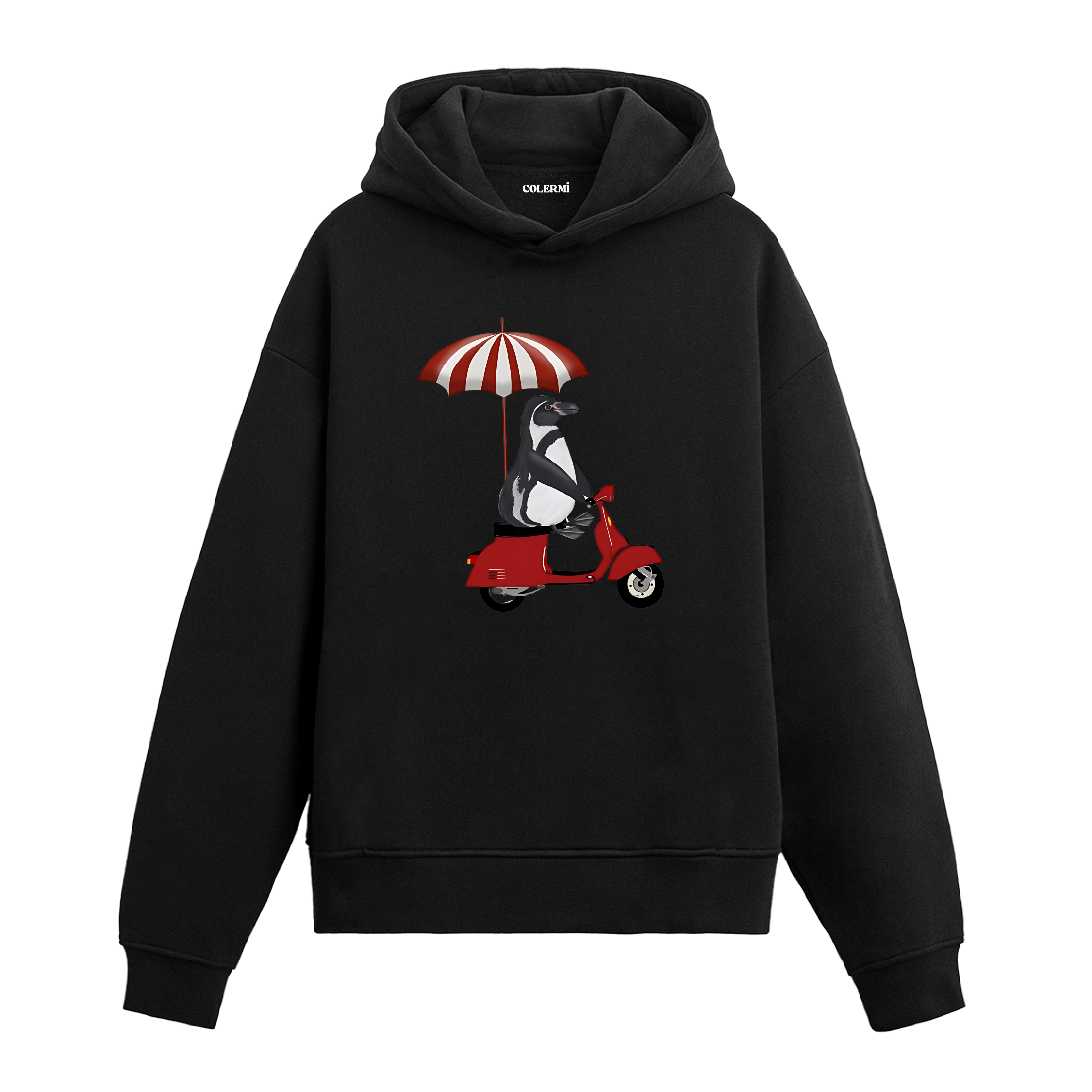 Scooter üzerinde oturan penguen tasarımlı siyah hoodie, ön yüz baskı detayı
