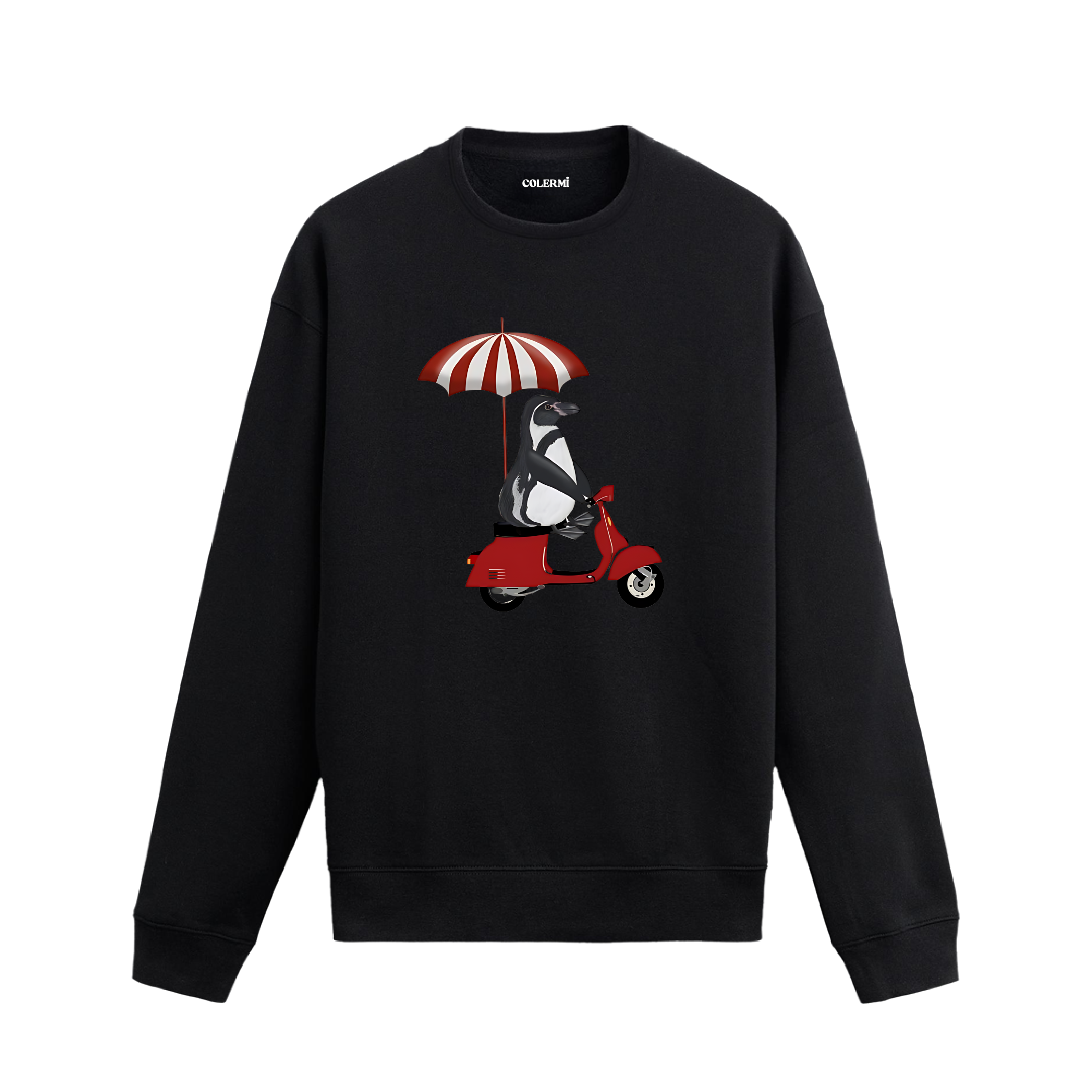 Scooter üzerinde oturan penguen tasarımlı siyah sweatshirt, ön yüz baskı detayı