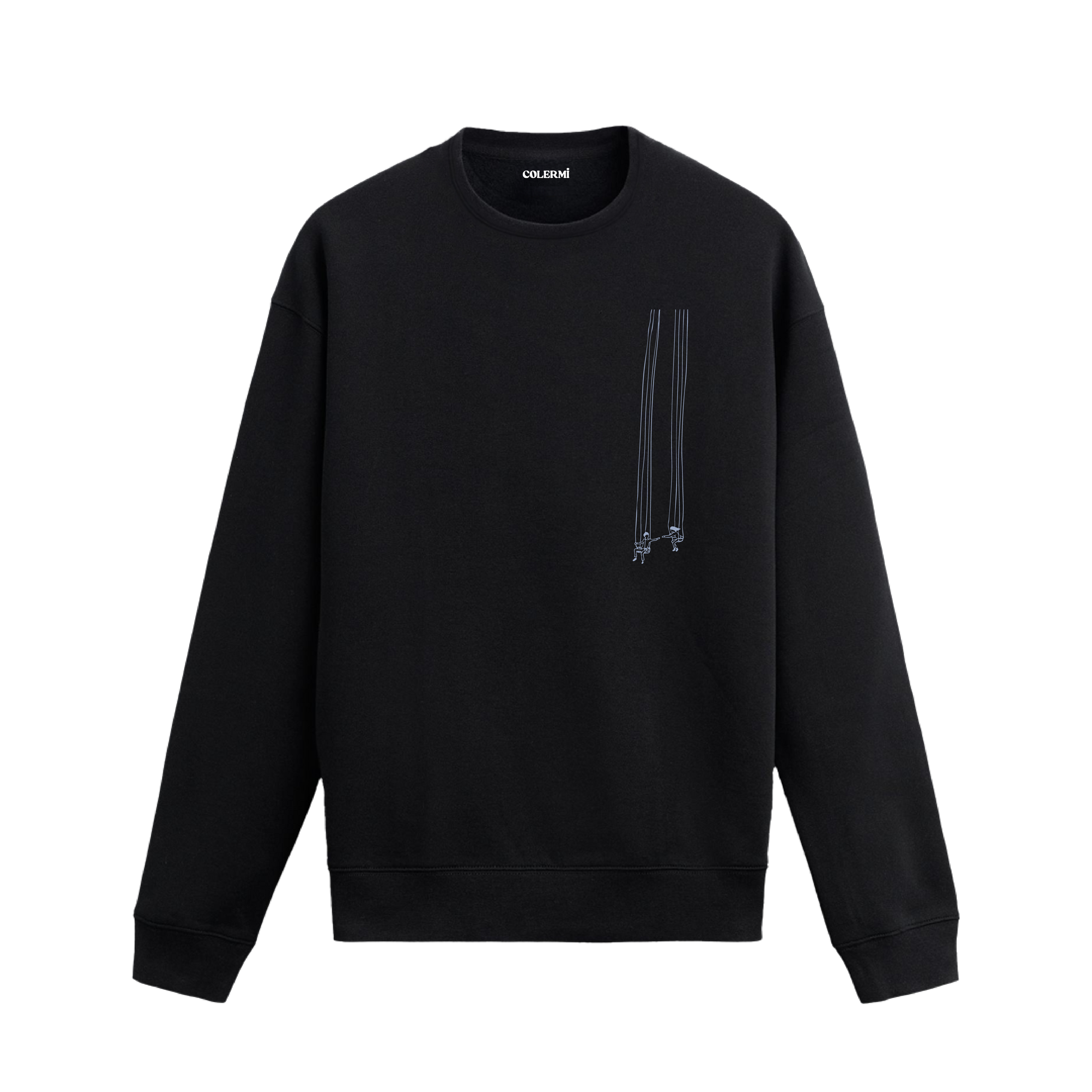 Gökyüzünden sarkan salıncaklarda oturan iki figürün birbirine uzanan elleriyle tasarlanmış minimalist Colermi sweatshirt.