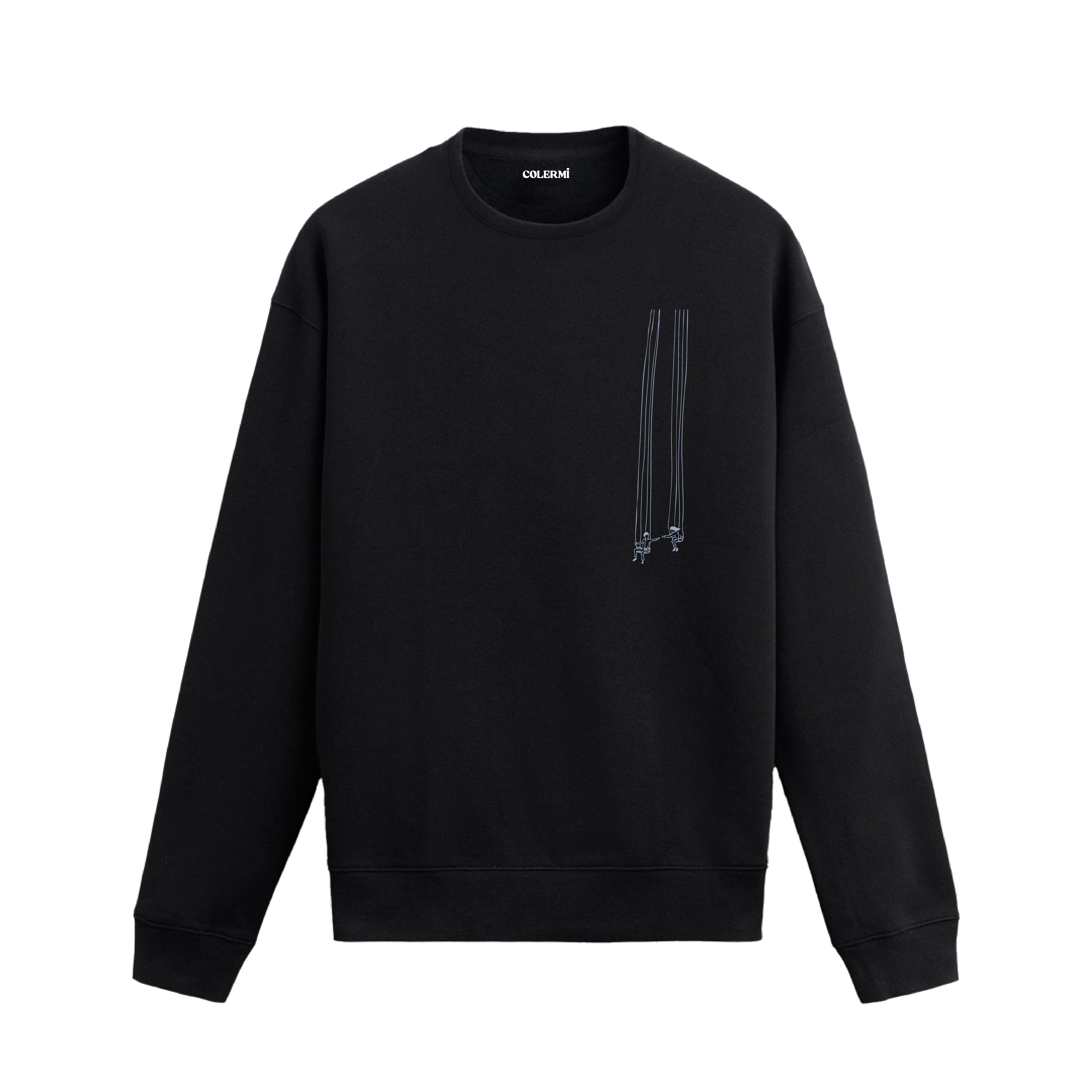 Gökyüzünden sarkan salıncaklarda oturan iki figürün birbirine uzanan elleriyle tasarlanmış minimalist Colermi sweatshirt.