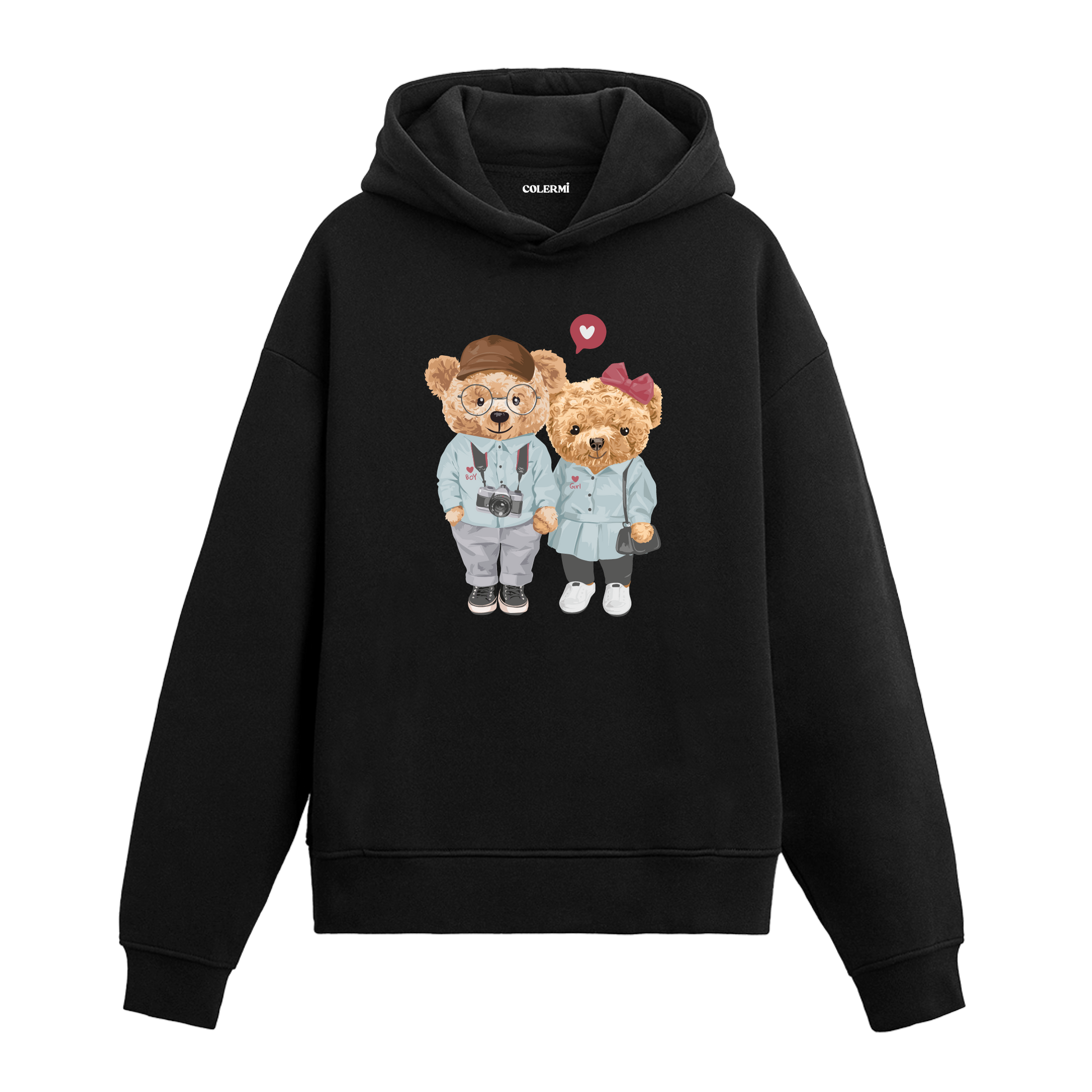 El ele tutuşan sevimli ayıcık çiftinin bulunduğu, kalp sembollü baskılı hoodie tasarımı.