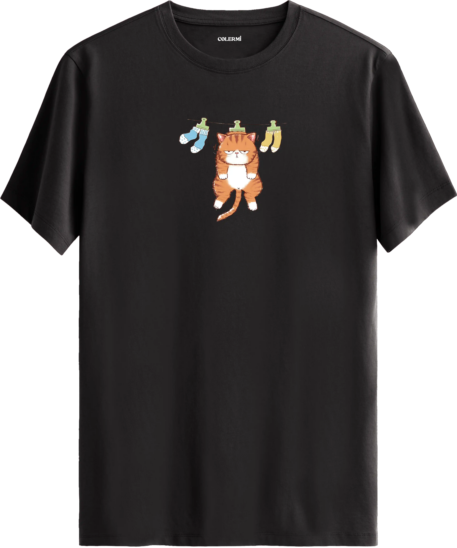 Sevimli kedi baskılı antrasit renk tişört eğlenceli tasarım günlük kullanım