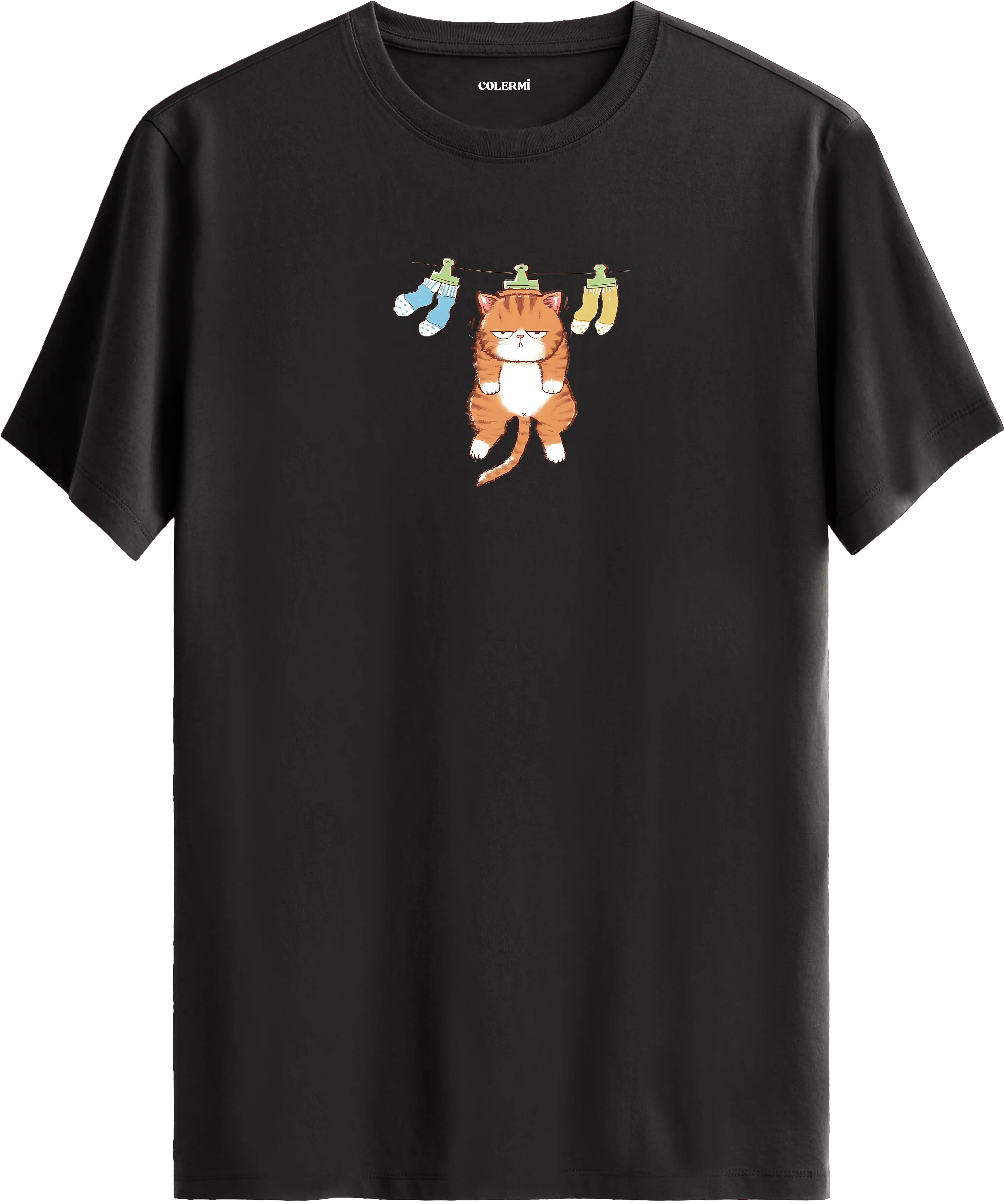 Sevimli kedi baskılı antrasit renk tişört eğlenceli tasarım günlük kullanım