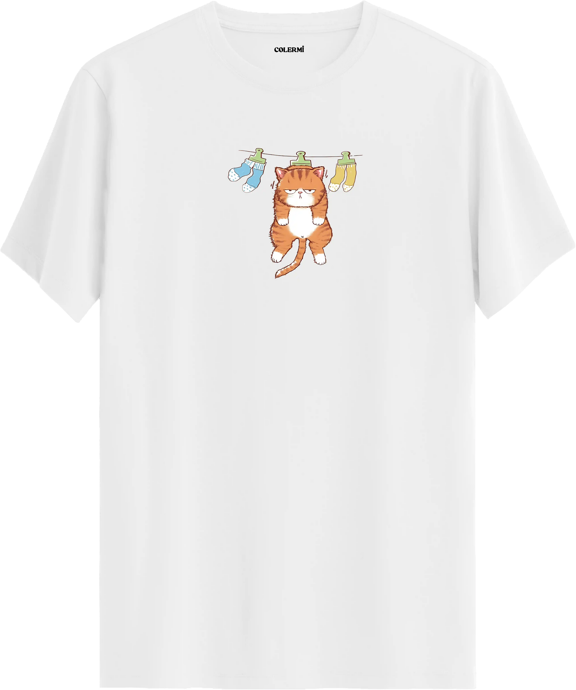 Sevimli kedi baskılı beyaz renk tişört eğlenceli tasarım günlük kullanım