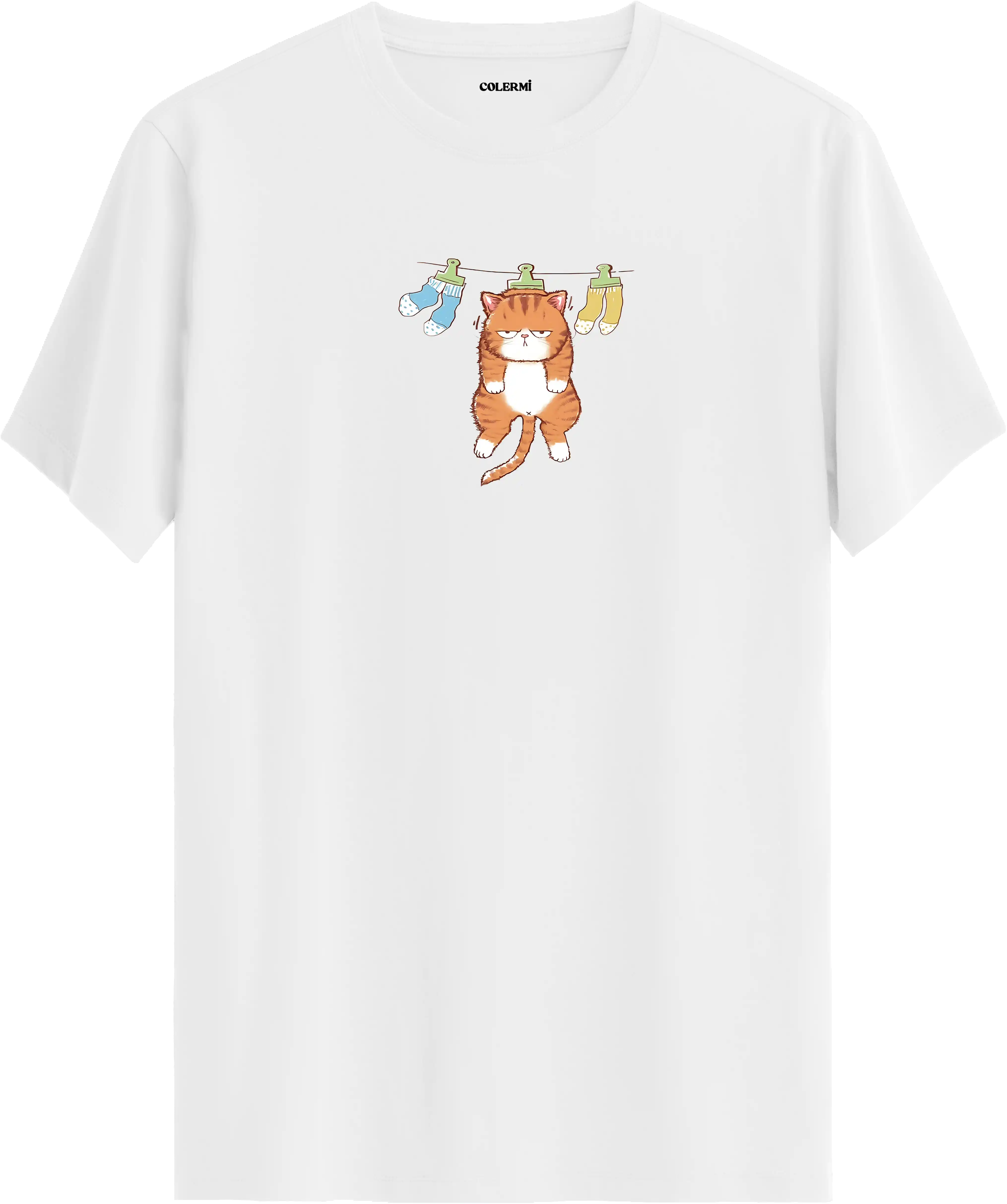 Sevimli kedi baskılı beyaz renk tişört eğlenceli tasarım günlük kullanım