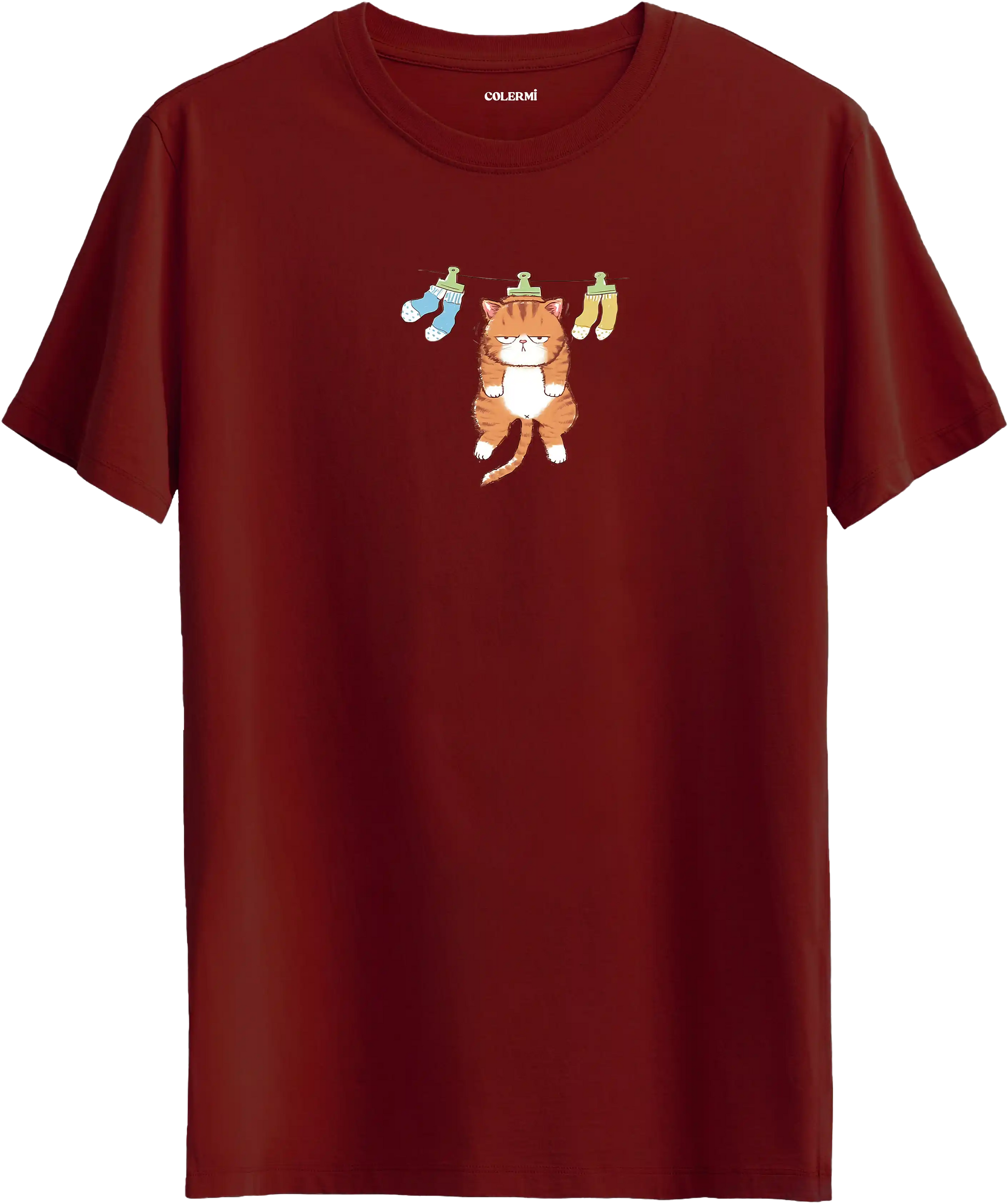 Sevimli kedi baskılı bordo renk tişört eğlenceli tasarım günlük kullanım