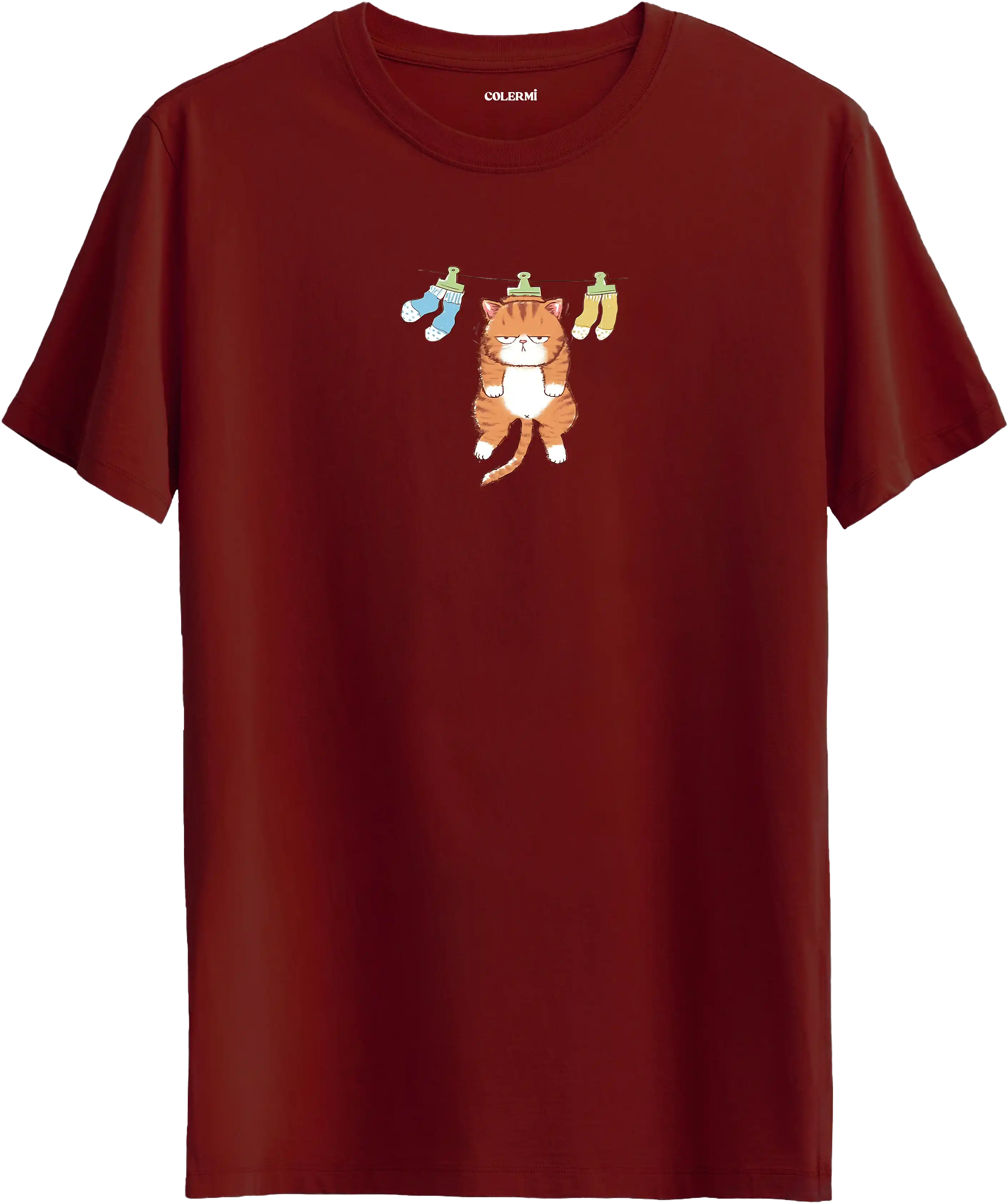 Sevimli kedi baskılı bordo renk tişört eğlenceli tasarım günlük kullanım