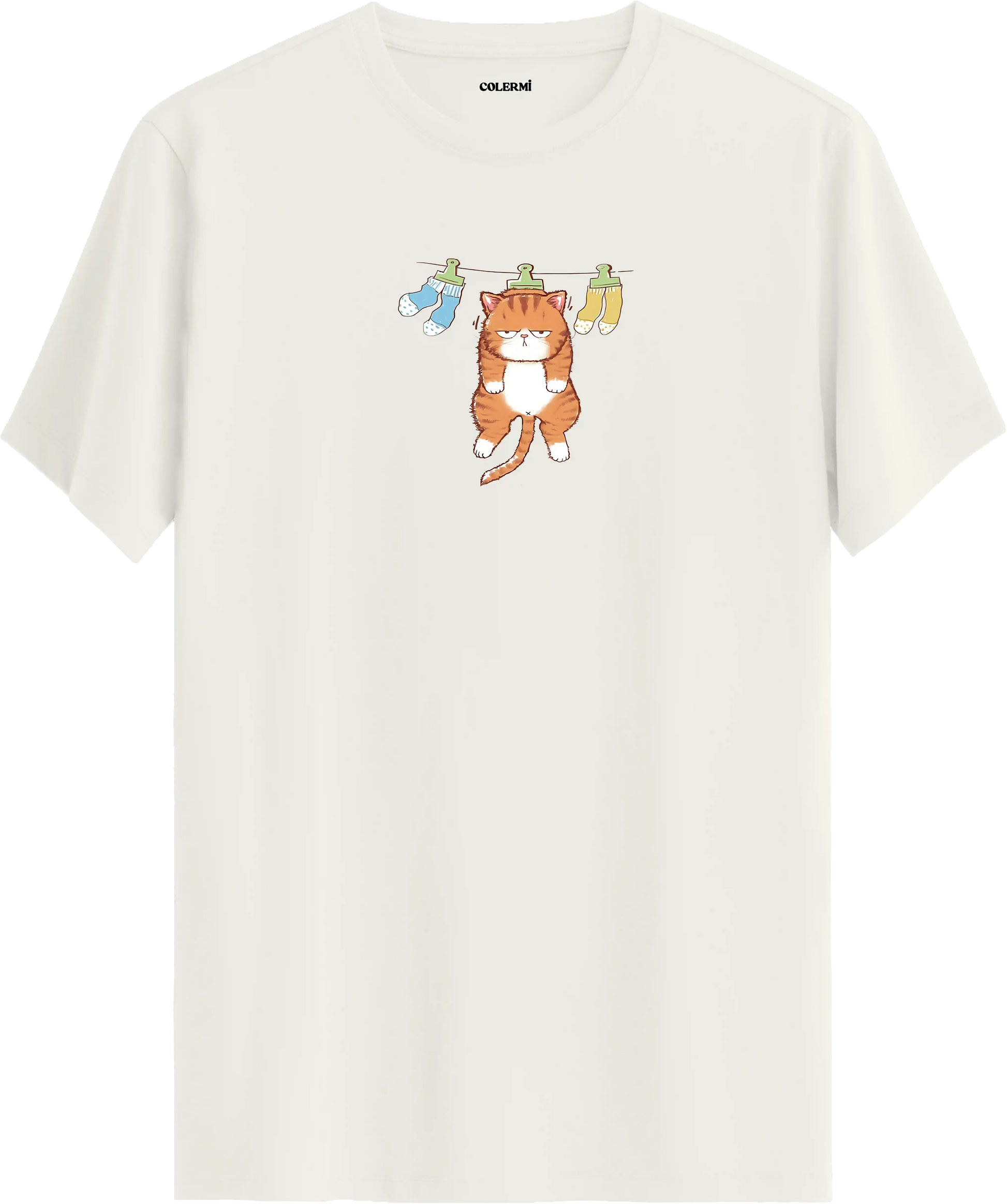 Sevimli kedi baskılı ekru renk tişört eğlenceli tasarım günlük kullanım