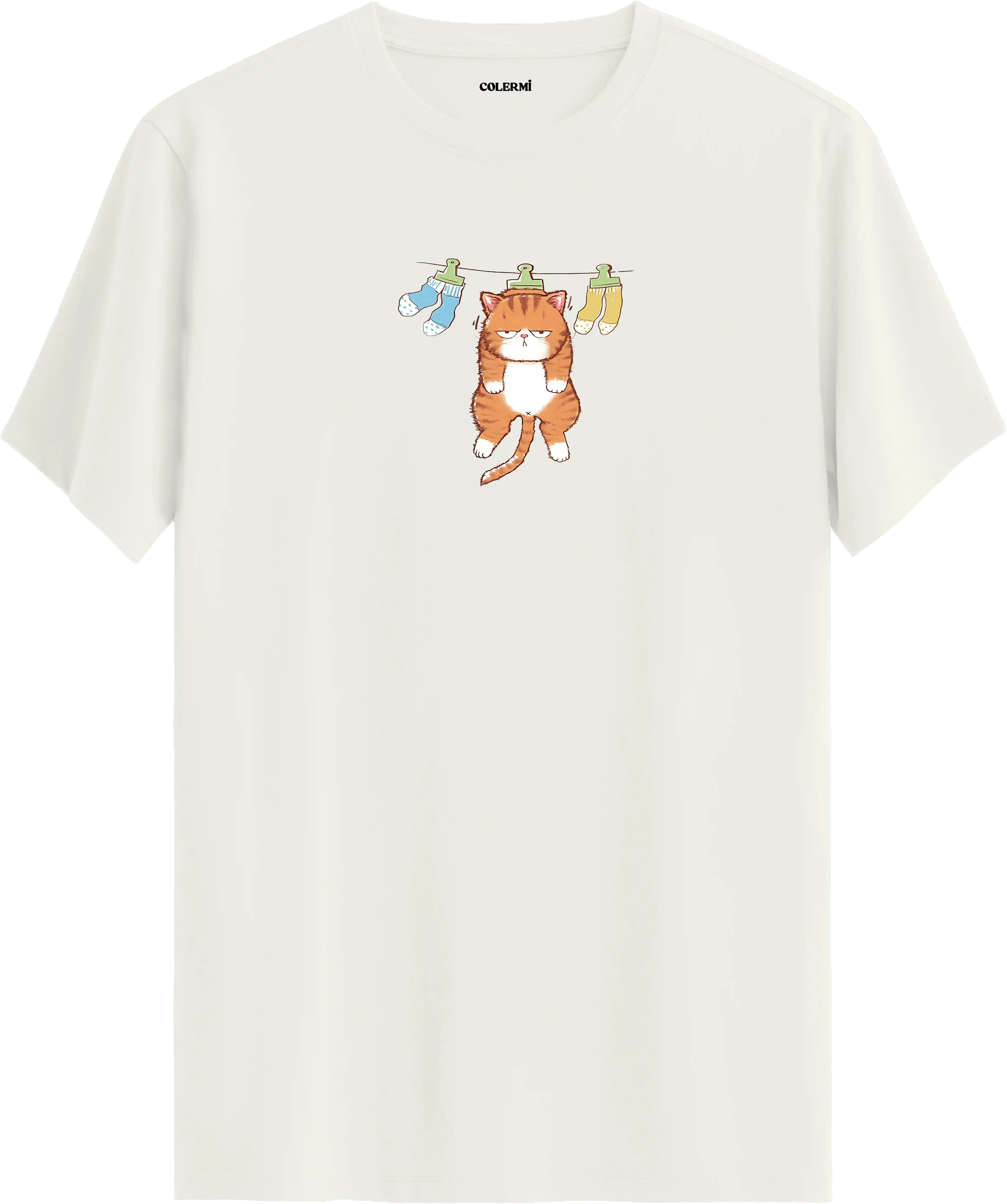 Sevimli kedi baskılı ekru renk tişört eğlenceli tasarım günlük kullanım
