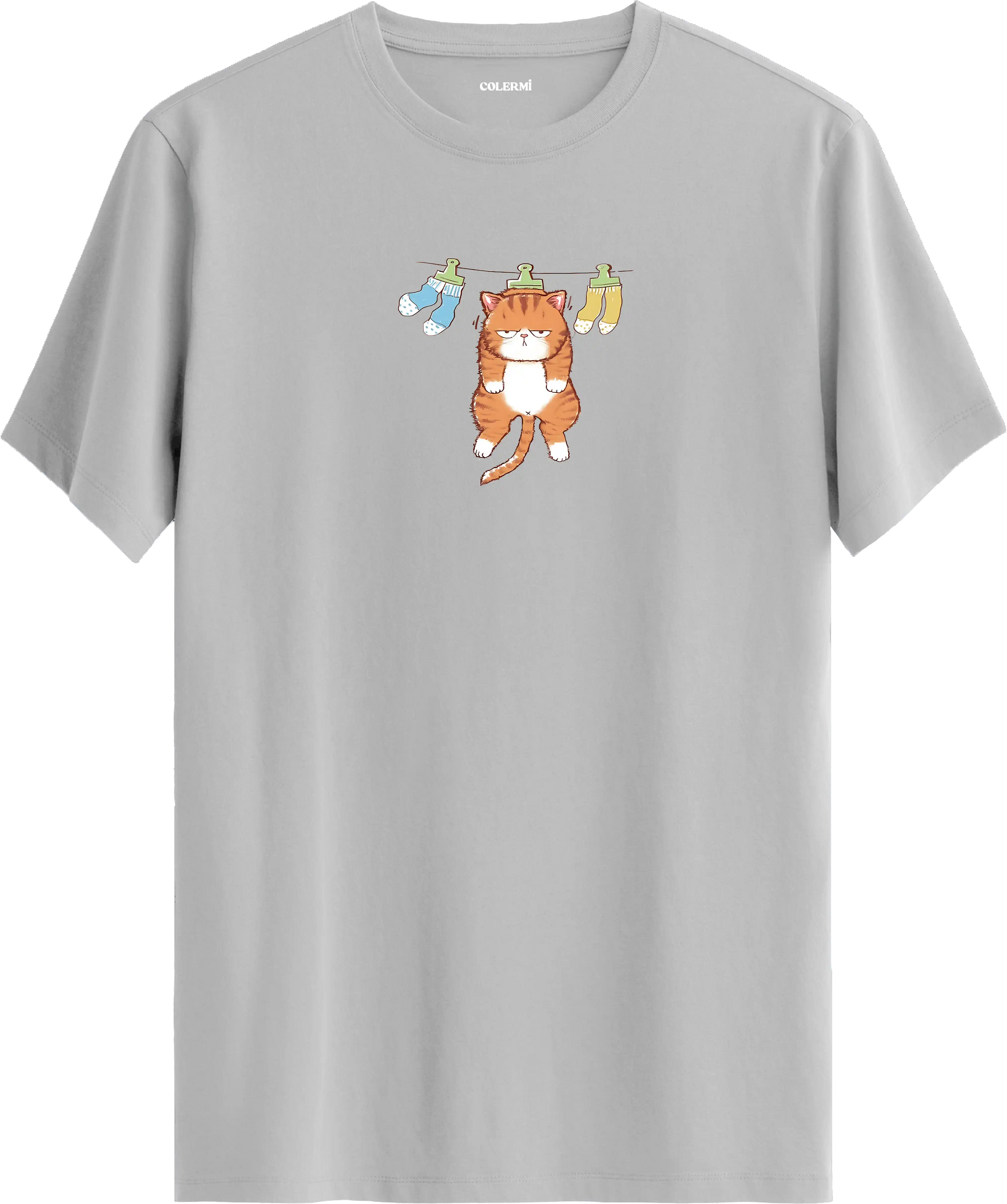 Sevimli kedi baskılı gri renk tişört eğlenceli tasarım günlük kullanım