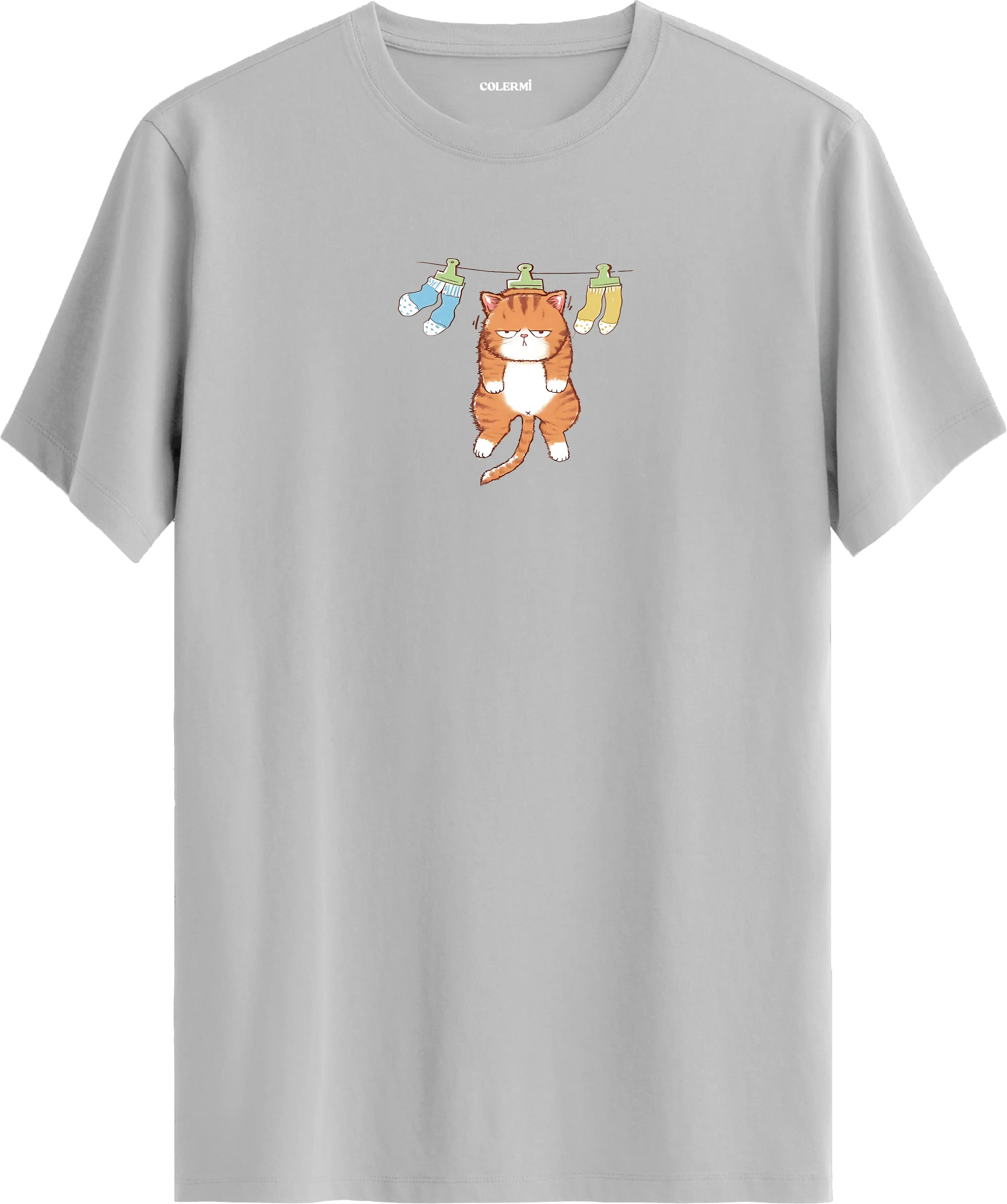 Sevimli kedi baskılı gri renk tişört eğlenceli tasarım günlük kullanım
