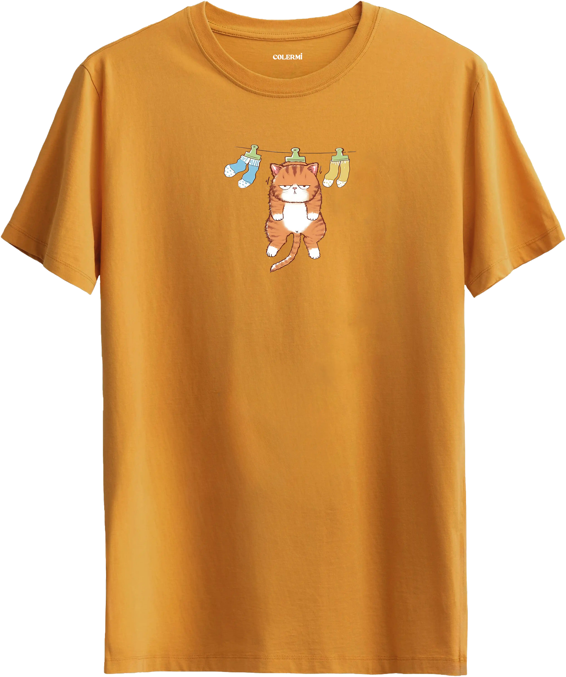 Sevimli kedi baskılı hardal renk tişört eğlenceli tasarım günlük kullanım